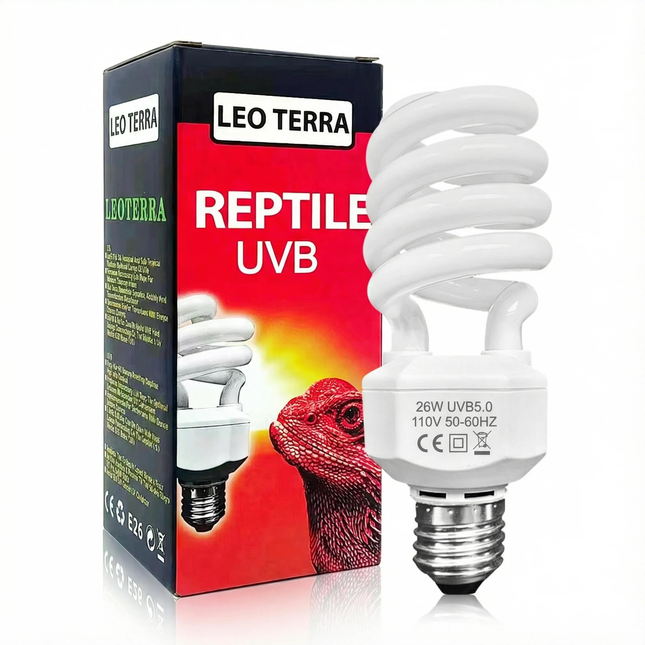 Leoterra 26W 5.0 Reptile UVB Light Bulb, Tropical UVA/UVB Full Spectrum Lamp for Green Anoles, Blue-Tongued Skinks & Leopard Geckos Large Terrarium,