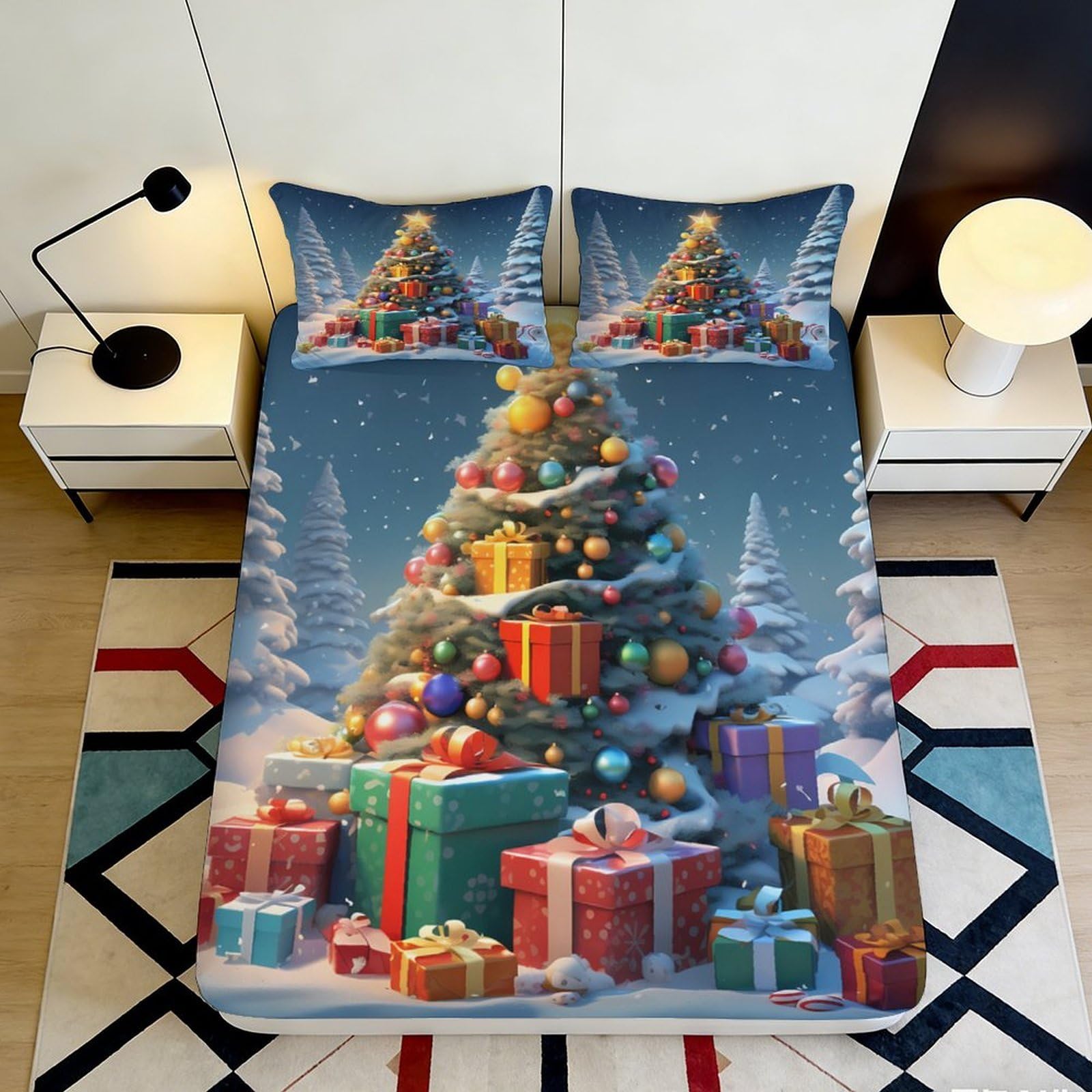 3D Printed Christmas Tree Fitted Sheet Microfiber Soft Festive Gift Mattress Cover for Bedroom Guest Room Decor 90x200x25cm