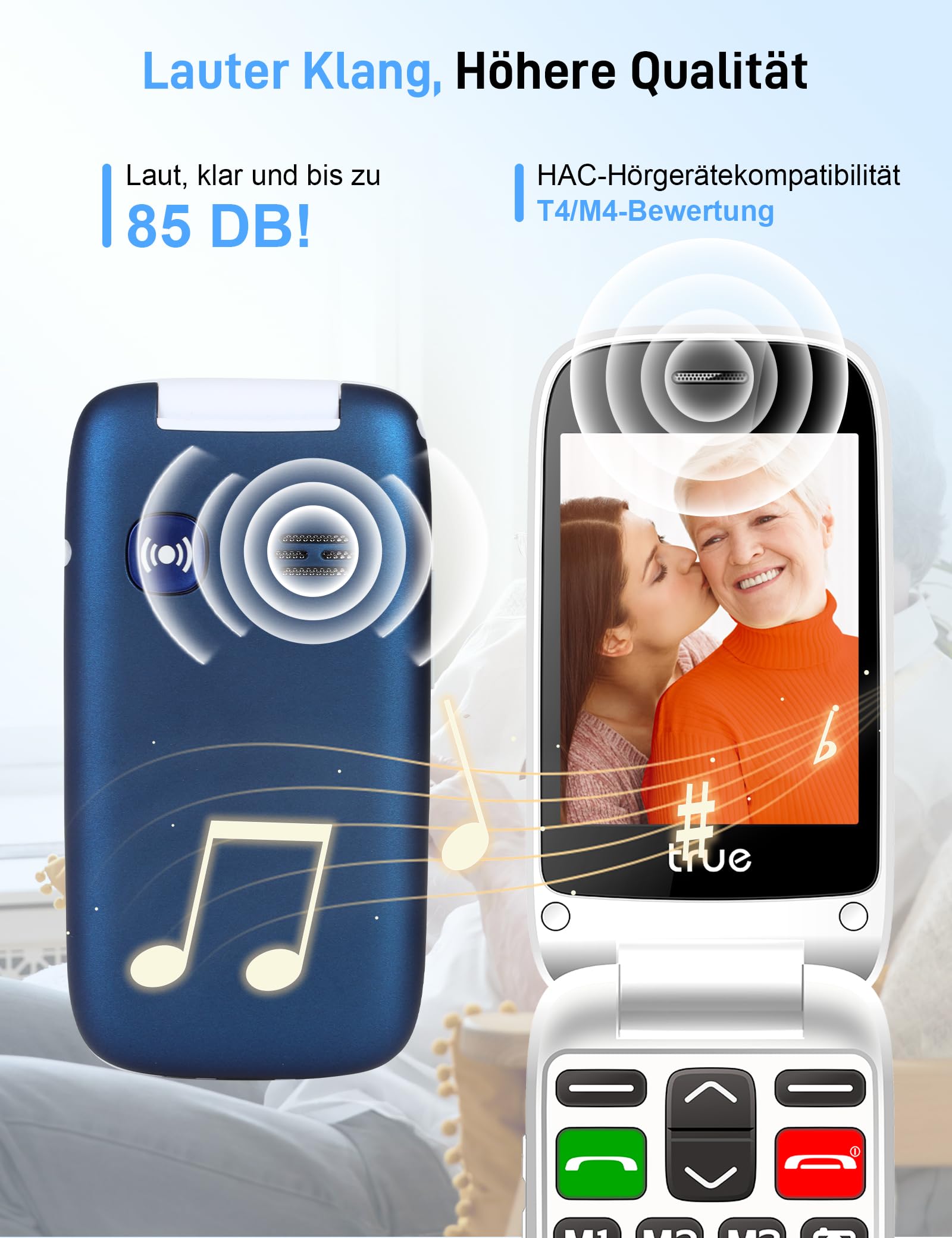 TRUE S70 Seniorenhandy Klapphandy ohne Vertrag, 2G Handy mit großem 2,8 Zoll Farbdisplay, Sturz-Notruf, SOS Notruftaste, extra laut, großen Tasten, Schnellwahl, Schrittzähler, Ladestation, Blau