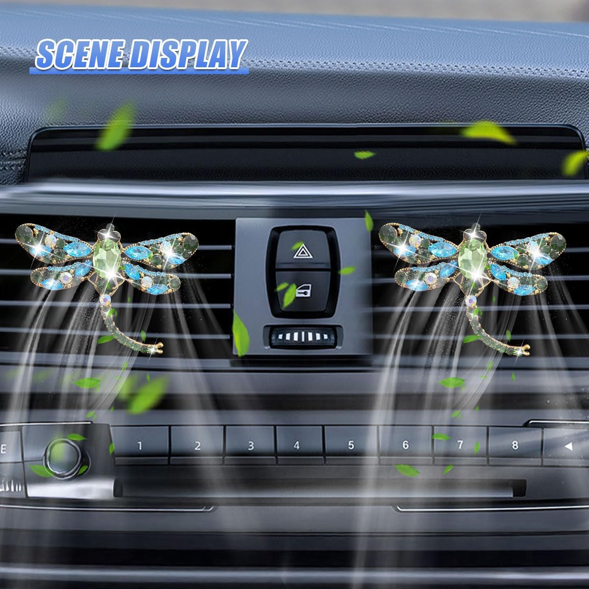 2PCS Bling Dragonfly Car Air Vent Clips, Crystal Rhinestone Car Air Conditioning Outlet Clip, Universal Cute Vehicle Interior Diffuser Decoration Accessories for Women(Green) image 5