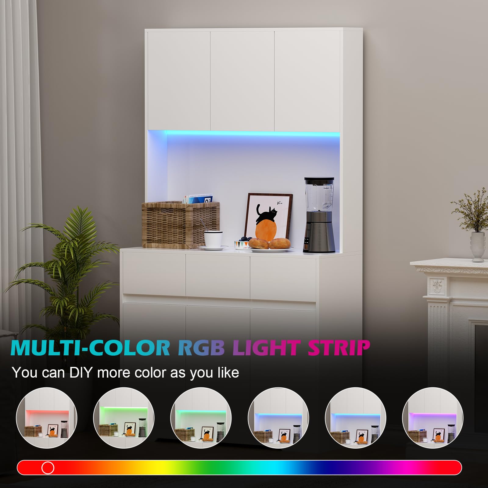 Armadio da cucina con illuminazione a LED, armadio alto a buffet, 170 cm, multiuso, con presa e 3 cassetti, scomparto aperto, da cucina, da bagno, da 170 x 100 x 38,5 cm, bianco