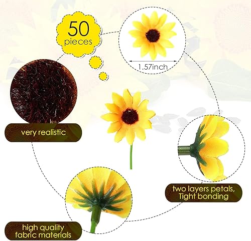 Miniatura 3 de 50 mini cabezas artificiales de girasol con tallos de hierro para decoración del hogar, fiesta, boda, decoración de novia, centros de mesa, corona,