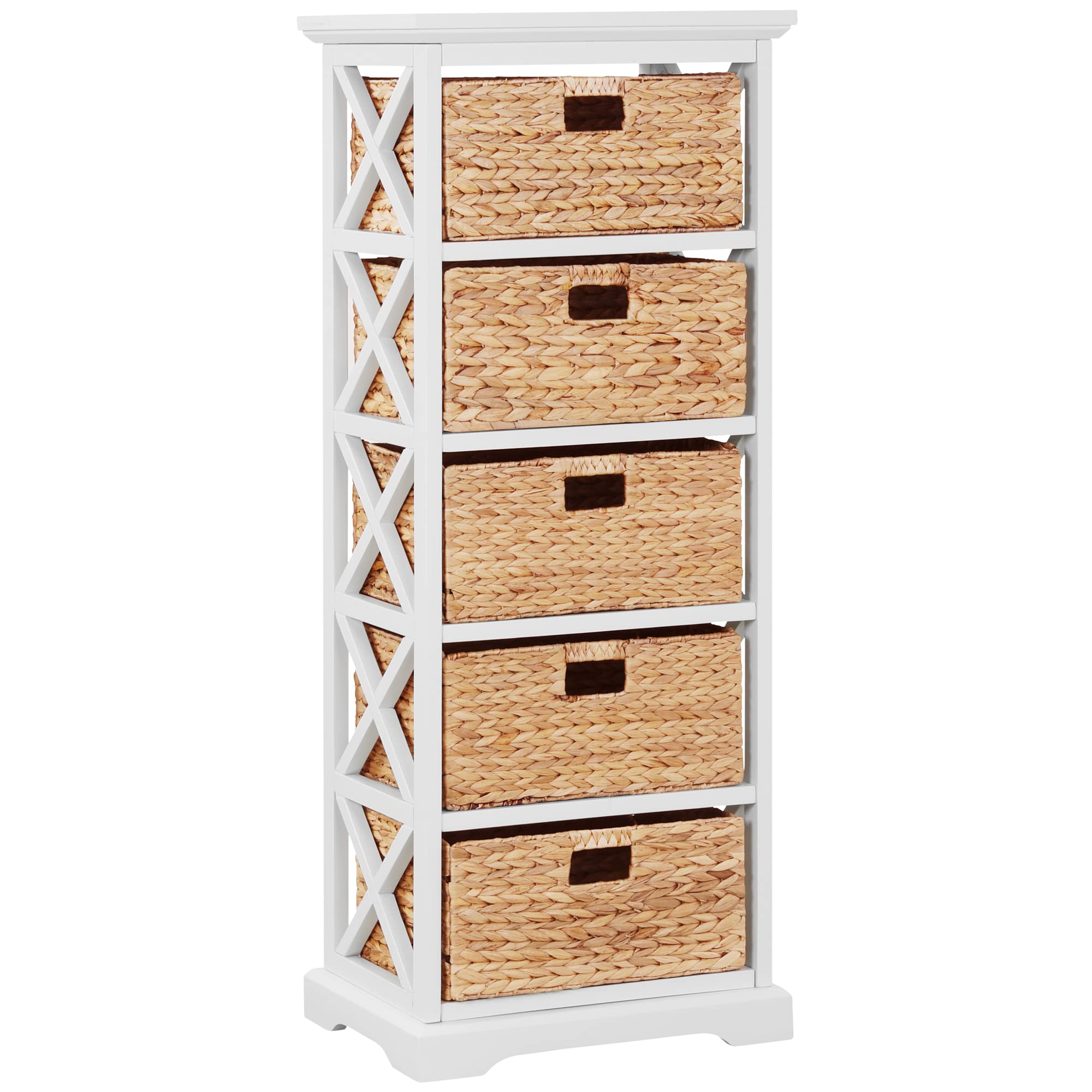 eHemco Hampton Meadows 5 Tier X-Side End Storage Cabinet with 5 Wicker Baskets, White