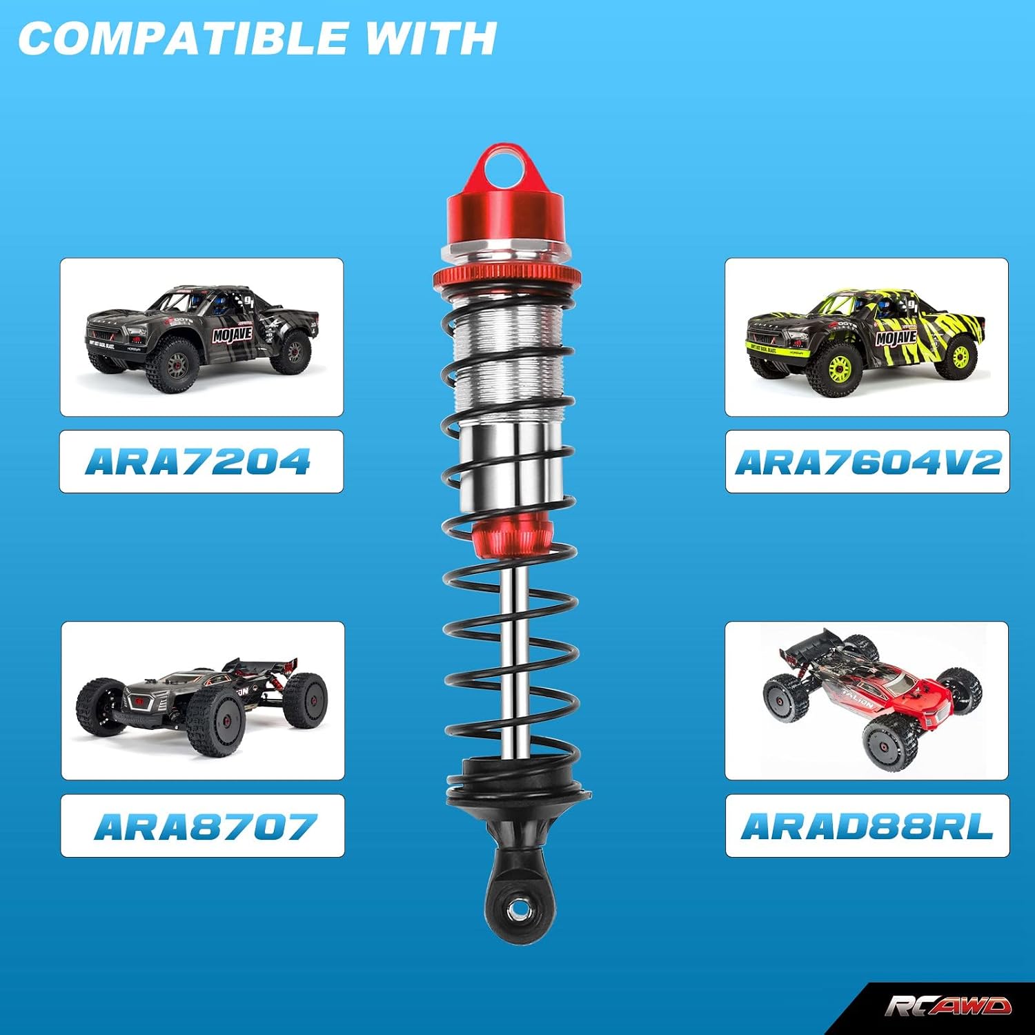 RCAWD Aluminum Big Bore Shocks Upgrades Parts for Arrma 1/8 Kraton 6S BLX Outcast 6S BLX Notorious 6S BLX,4PCS Front Rear Full Metal Dampers Hops Up Absorbers,Replace ARA330621 ARA330622 Red