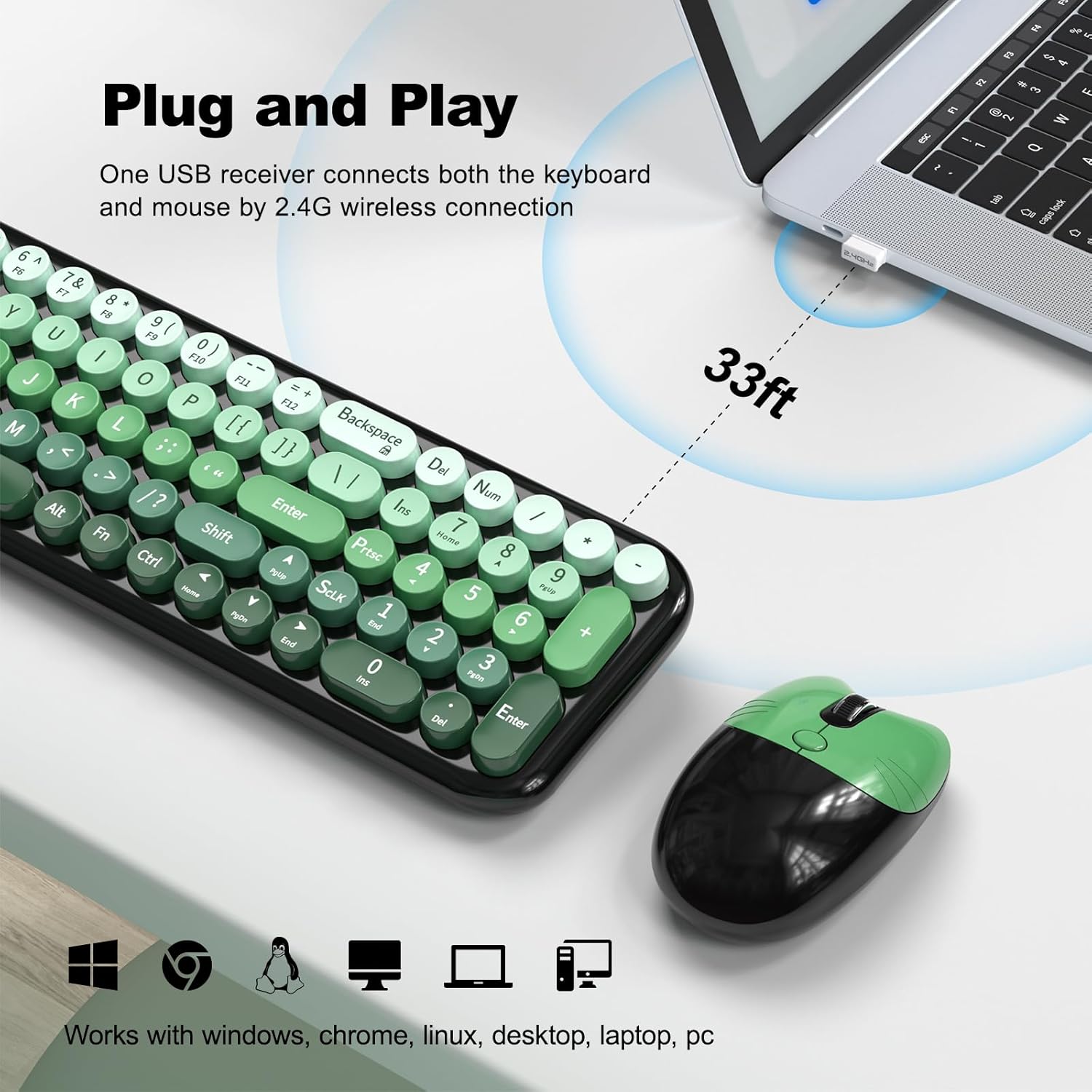Wireless Keyboard and Mouse Combo, MOWUX Compact Typewriter Retro Round Computer Keyboard, Cute Optical Mouse Wireless, Plug and Play, for Laptop, PC, Computer- Black Green Gradient