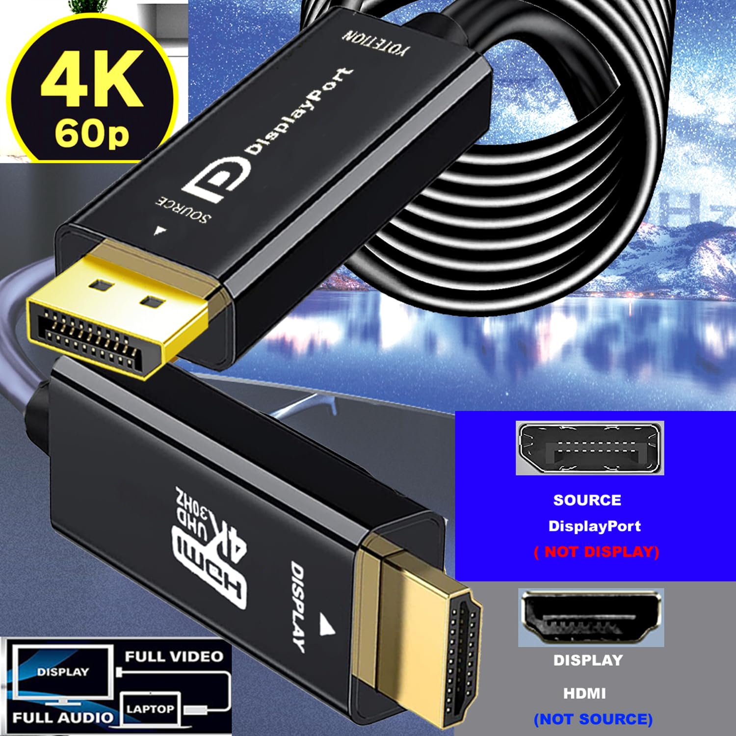 Cavo 4K DisplayPort a HDMI, adattatore unidirezionale UHD video DP a HDMI maschio, 4K a 30Hz, 1080P@120Hz, 3840 x 2160, compatibile con Dell, HP, Lenovo, nero