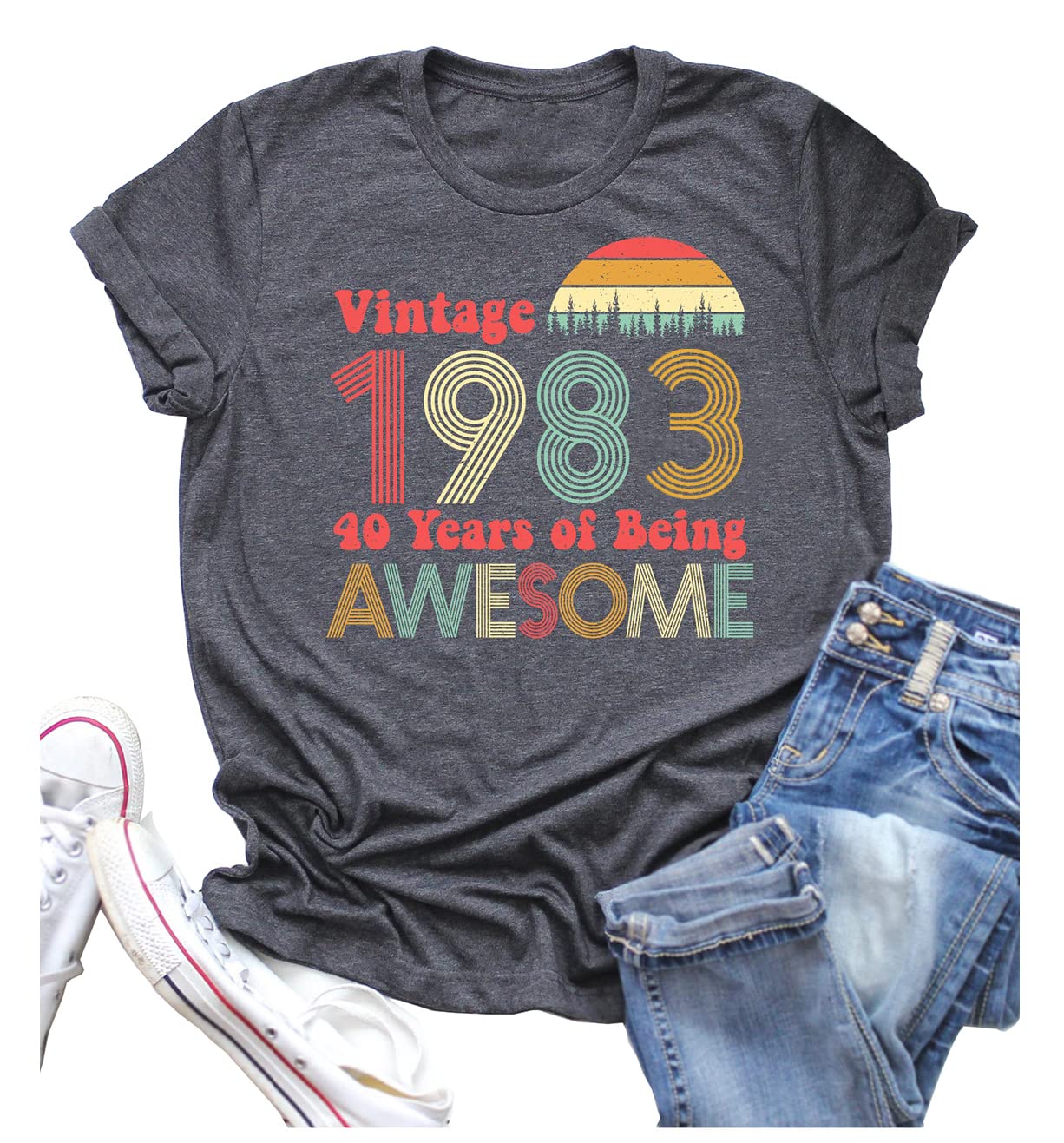 SiteshyVintage 1983 Shirt for Women 40th Birthday Gifts Funny Idea Original Parts Graphic Short Sleeve Tops 1983 Birthday Party Tees
