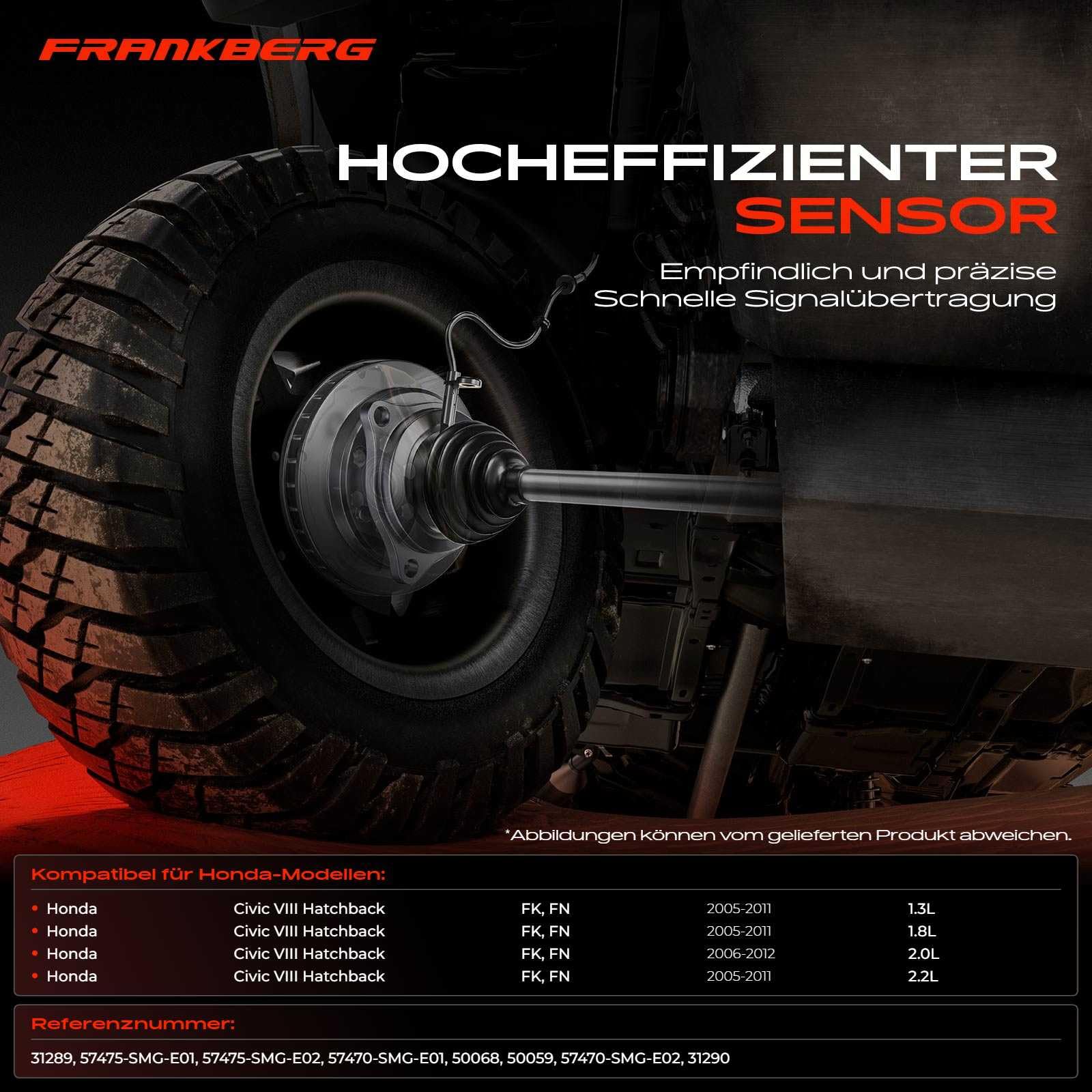 Frankberg 2x Sensor de velocidad de ruedas Sensor ABS 2 Polos Compatible con Civic VIII Hatchback FK FN 14 18 22 CTDi Type-R 2005-2012 Replace# 31289,57475-SM.G-E02