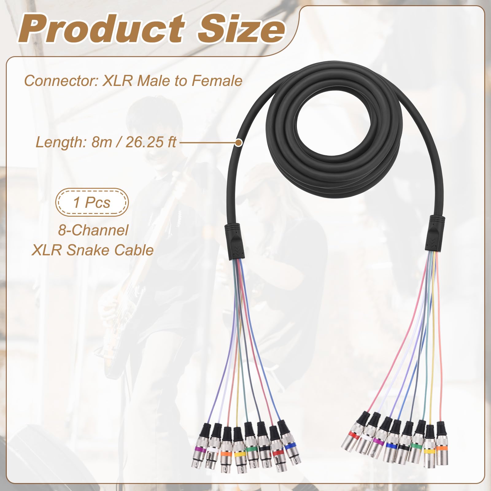sourcing map Cable de serpiente de 8 canales de 26.25 pies, cable de micrófono XLR macho a XLR hembra, 25 AWG, 8 conectores mono equilibrados, divisor digital para equipo de micrófono de grabación de
