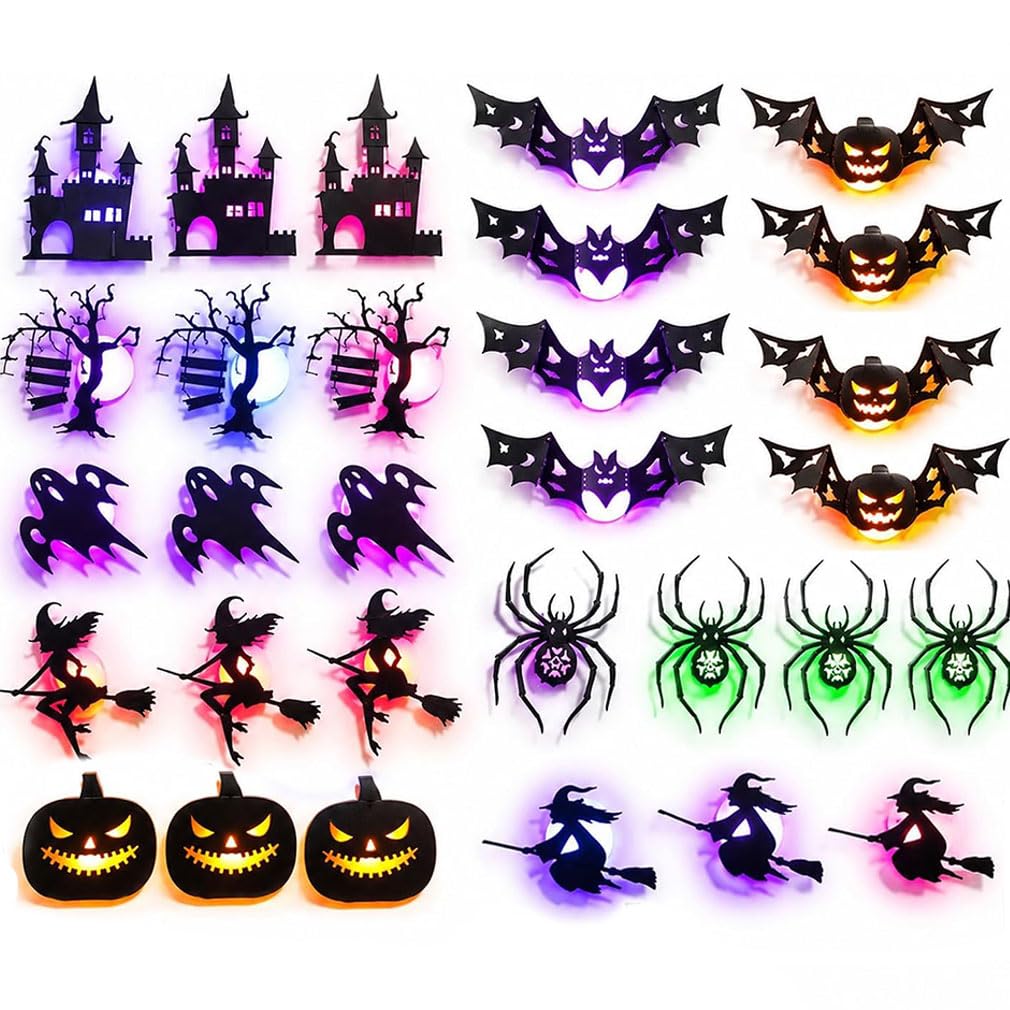 30PCS Halloween LED Wall Decor Lights, 3D Bat Ghost Witch Spider Pumpkin Haunted House Tree Stickers String Light, Lighted Stickers Lights Hanging Wall Decor, Colorful Glowing Decoration for Halloween
