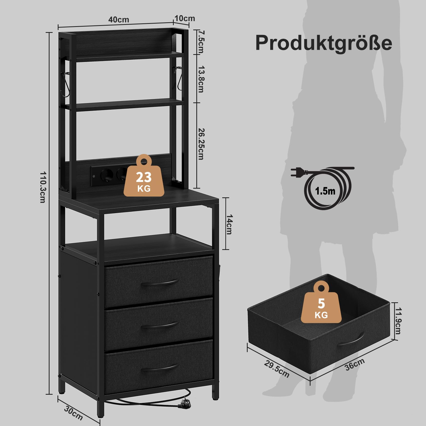 Nachttisch mit Ladefunktion & LED, Beistelltisch mit 3 Stoff-Schubladen, Nachtschrank mit Bücherregal, Offenes Fach, 2 AC, 1 USB & 1 Typ C Anschlüssen, für Schlafzimmer, Wohnzimmer, Büro(Schwarz)