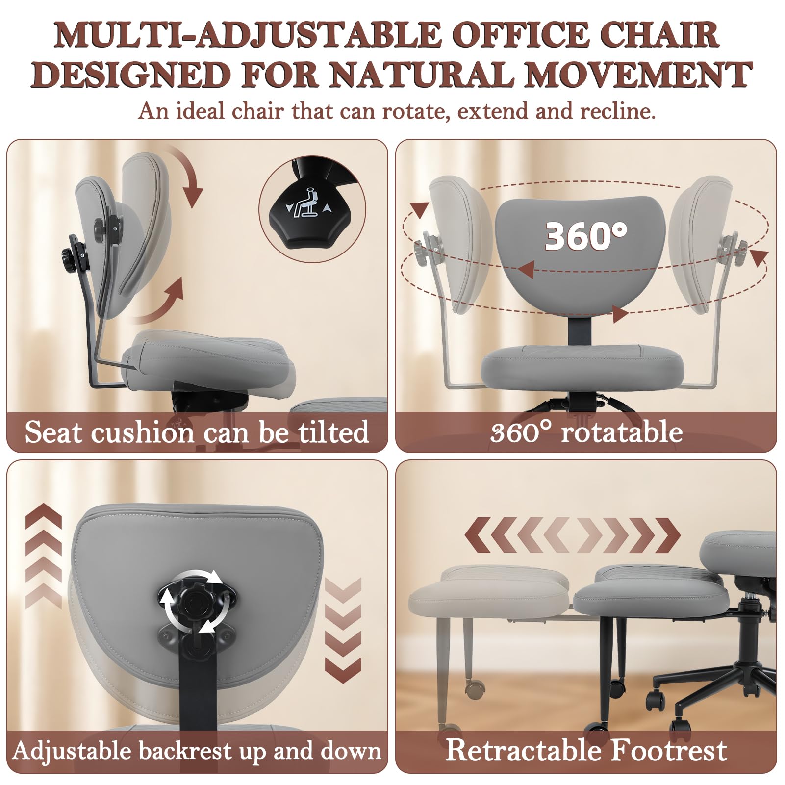 Silla de oficina ergonómica con patas cruzadas, silla de escritorio giratoria de 360° con reposapiés, silla de meditación de altura ajustable, asiento de piel sintética, silla multiposición
