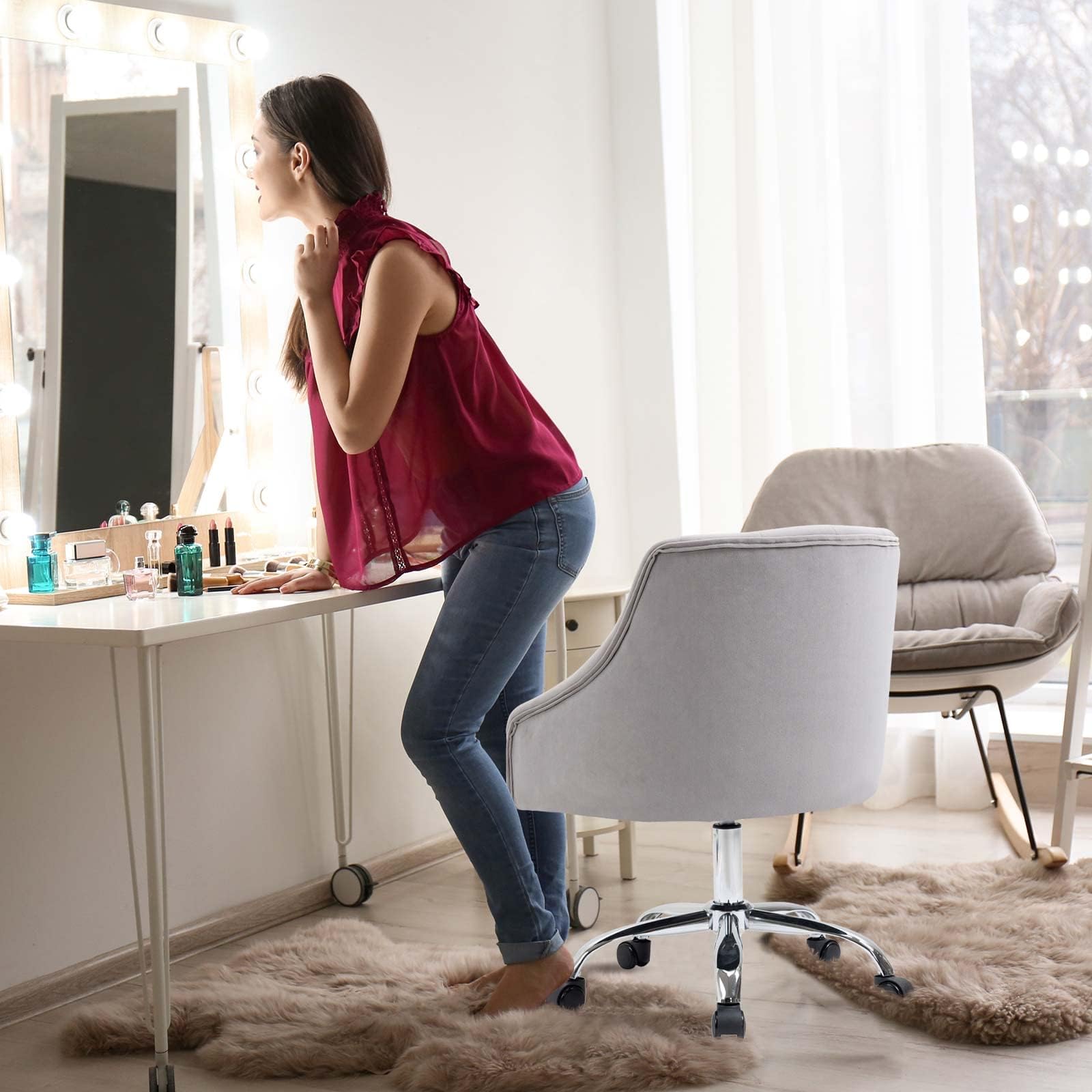 Chaise de bureau en velours, Chaise de bureau ergonomique en velours avec roulettes, Chaise pivotante réglable en hauteur pour table de maquillage pour bureau à domicile & filles, fauteuil