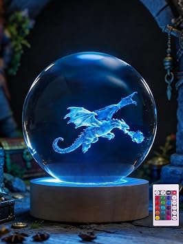 Ammonite Dragon Crystal Ball, 16 Colors Changing with Remote Control, USB Powered LED Wooden Base, 80mm Clear Glass Art for Kids Birthday Gift