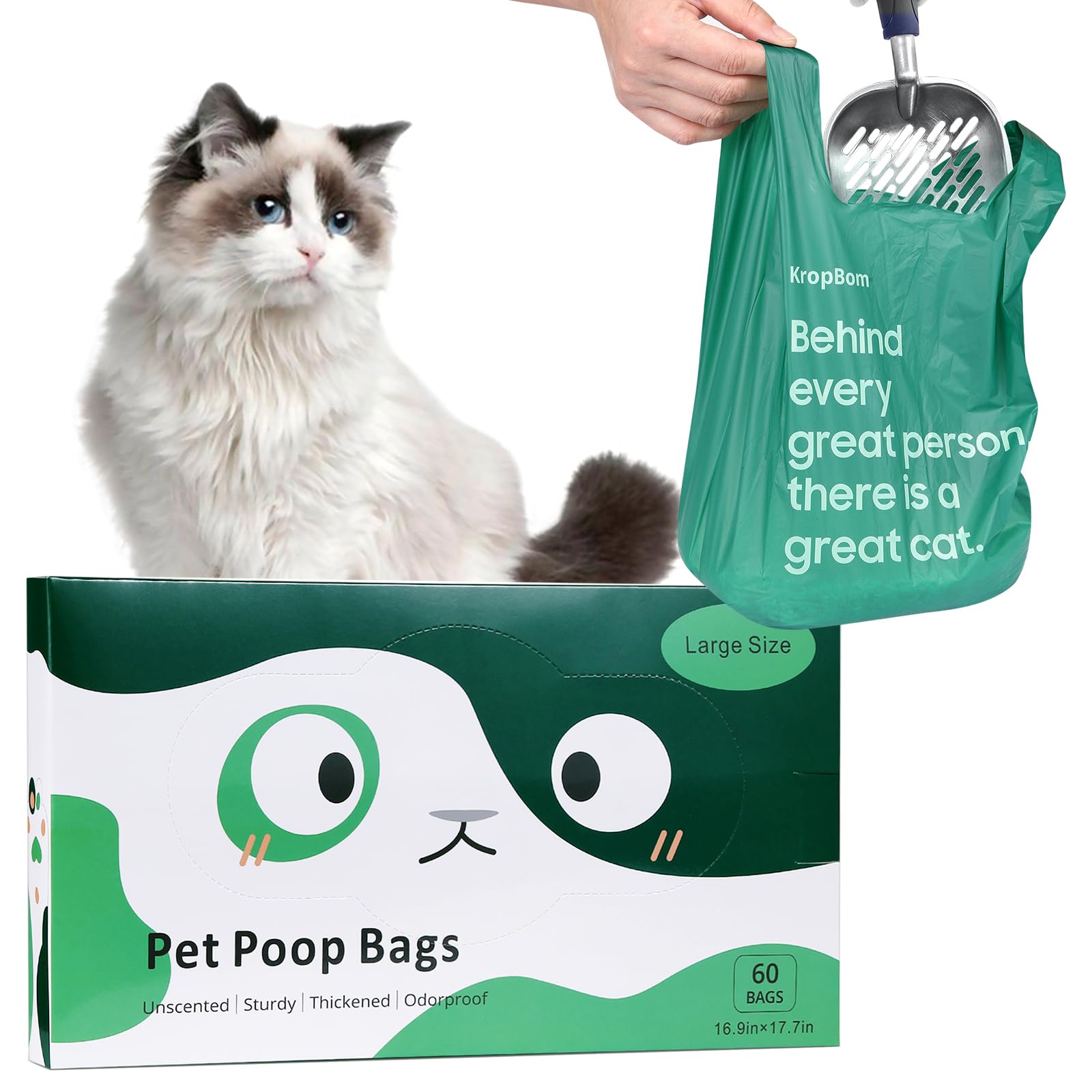 Lot de 60 grands sacs à déjections canines avec poignées, jetables, extra épais, faciles à nouer, étanches, renforcés, non parfumés