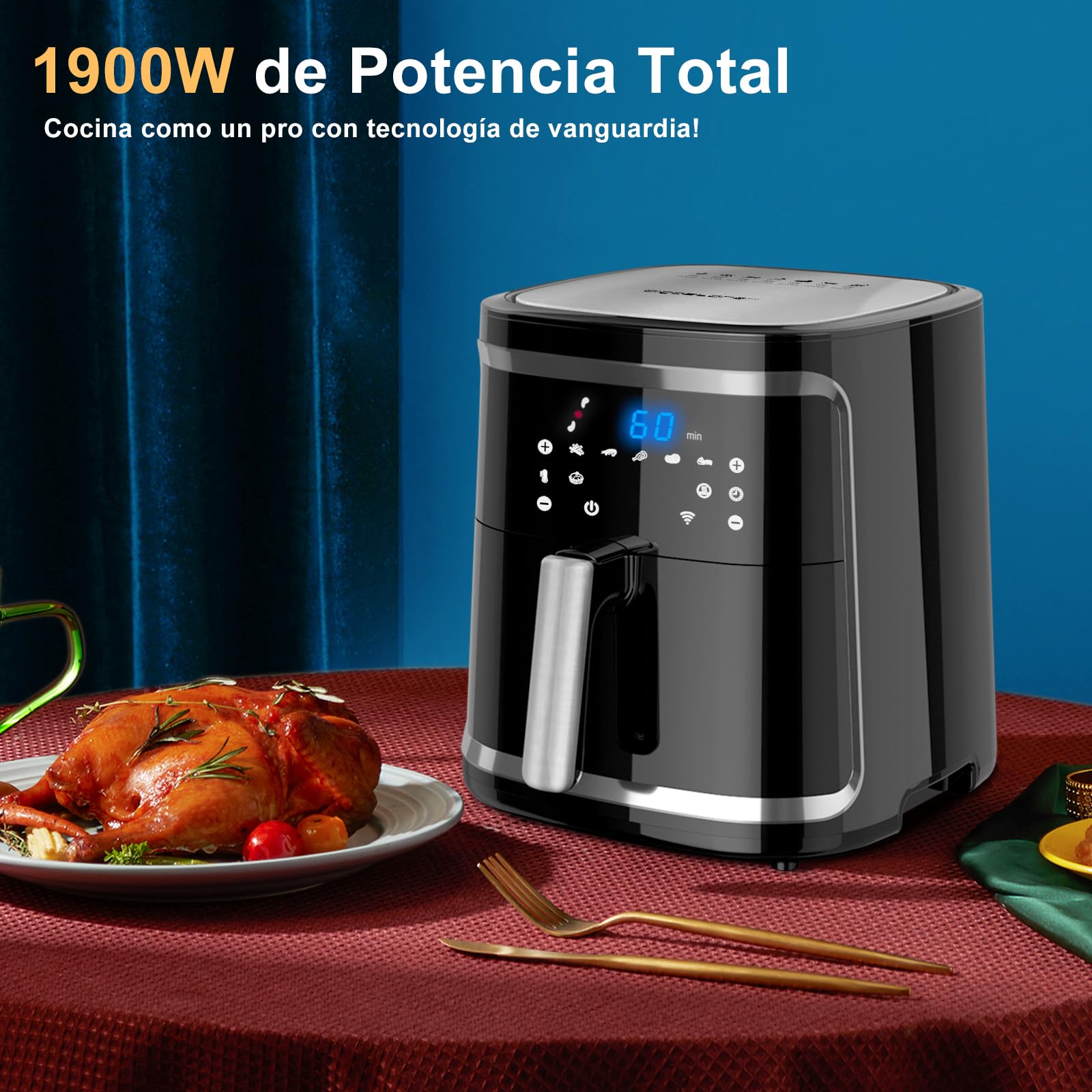 Aigostar Cube Smart - Freidora de aire inteligente sin aceite, Conexión Wifi, 1900W, 7L, Modo manual, Pantalla LED táctil, 7 funciones preestablecidas + mantener caliente y modo manual, Libre de BPA