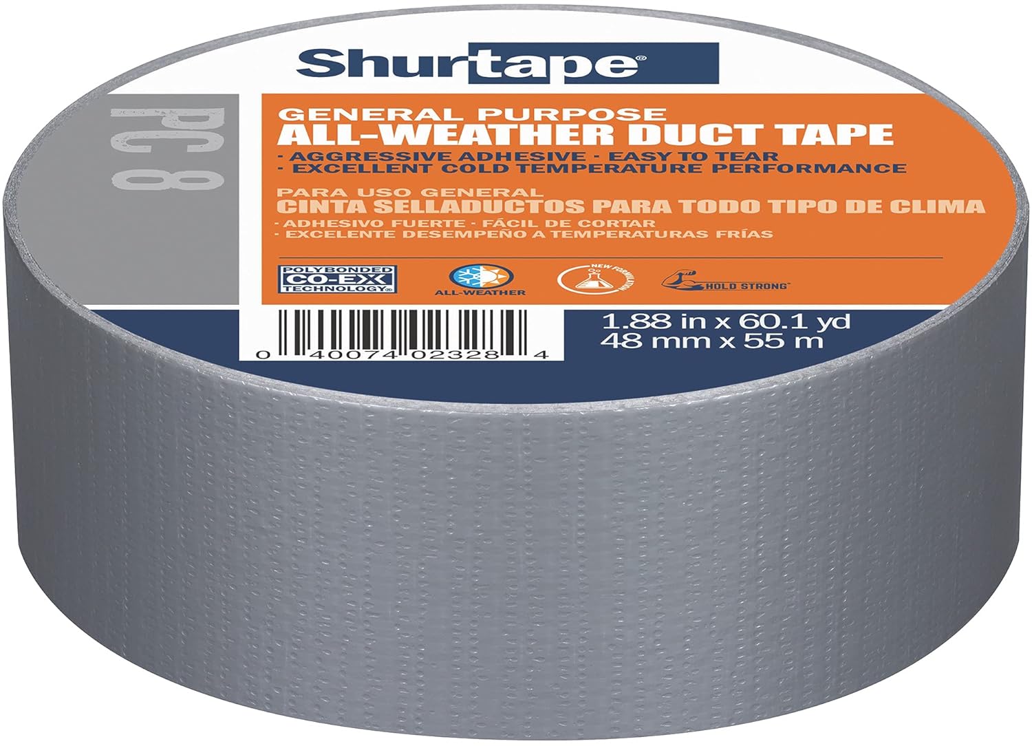 Shurtape PC 007 Utility Grade, Co-Extruded Cloth Duct Tape, For Packaging, Sealing, Repairing and Waterproofing, Indoor/Outdoor, 48mm x 55m, 7 mil, Silver, 1 Roll (152300)
