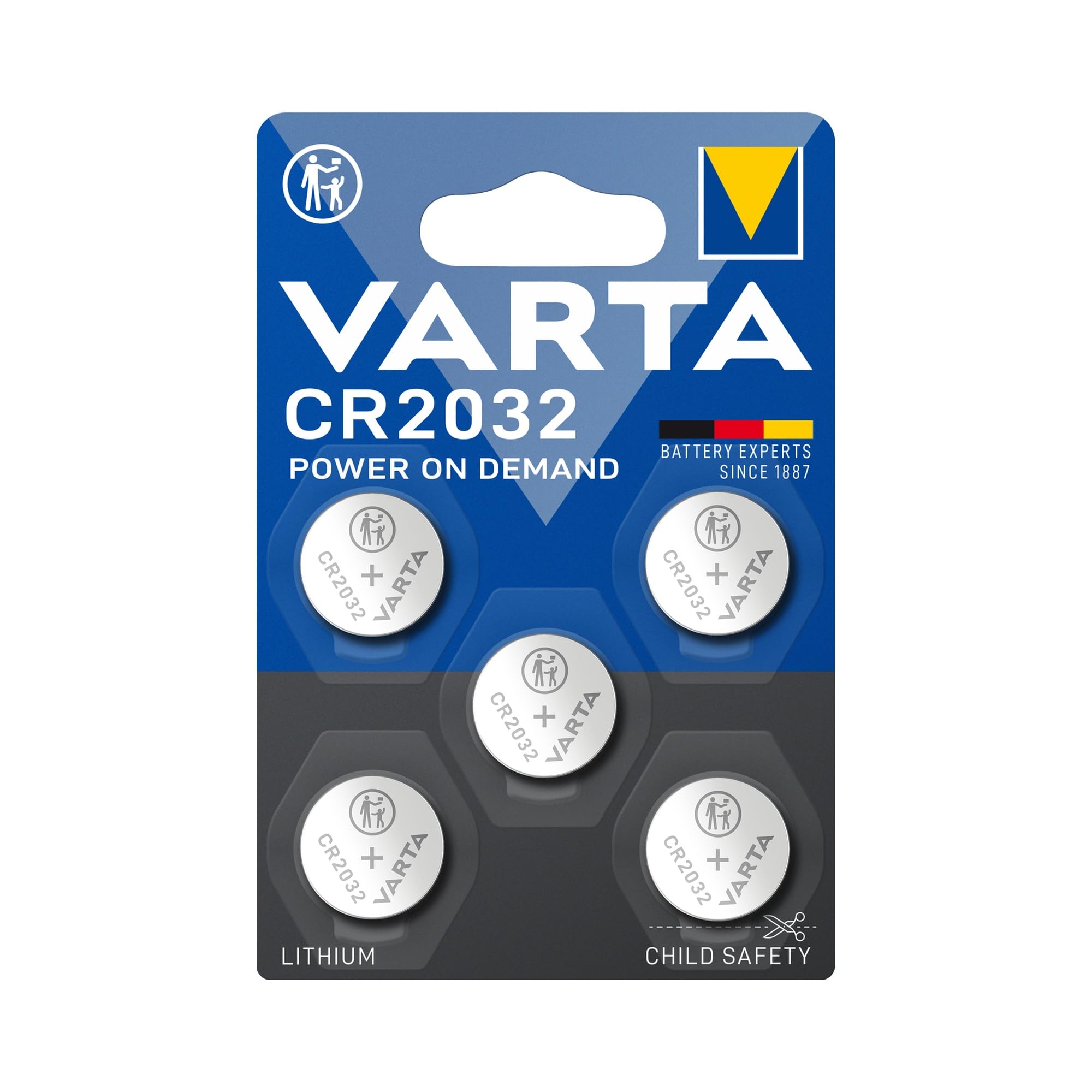 VARTA Batterien Knopfzelle CR2032, 5 Stück, Power on Demand, Lithium Coin