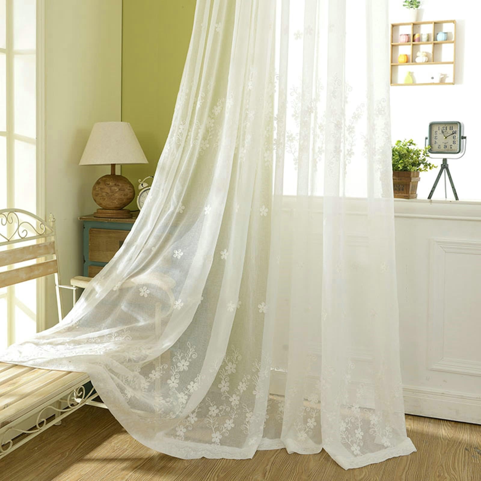 Whoiy Weiß Transparent Vorhänge Transparent 2 Stück mit Ösen, Baumwollpolyester Gardine Vorhang 137 Breit Bestickt für Schlafzimmer, H214 x B137 cm