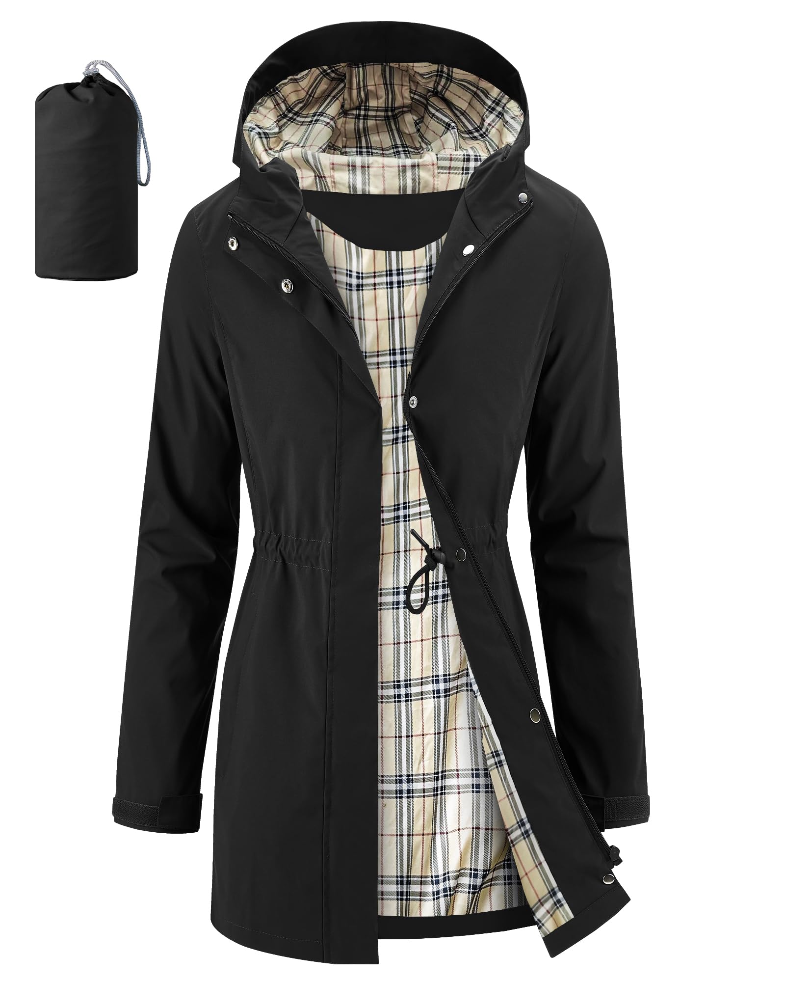 iCreek Womens Rain Jacket Packable Long Raincoat Hooded Plaid Lined Trench Coat Waterproof Windproof Lightweight for Outdoor