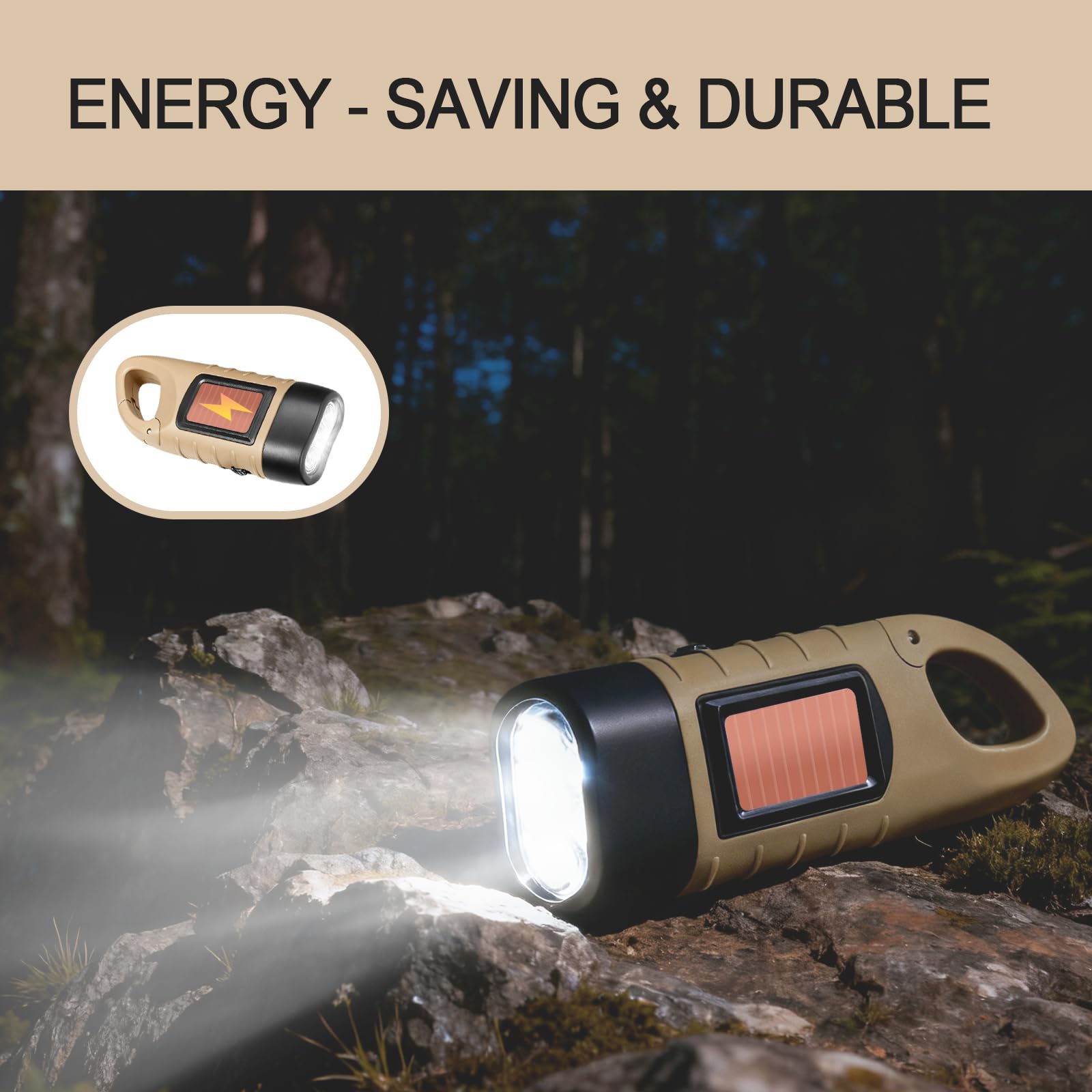 Portatile con Batteria Solare Ricarica Tascabile,Torcia Elettrica LED, Torcia Dinamo Ricaricabile a Manovella, Mini Professionale con Moschettone per Campeggio Trekking Emergenza(Marrone)