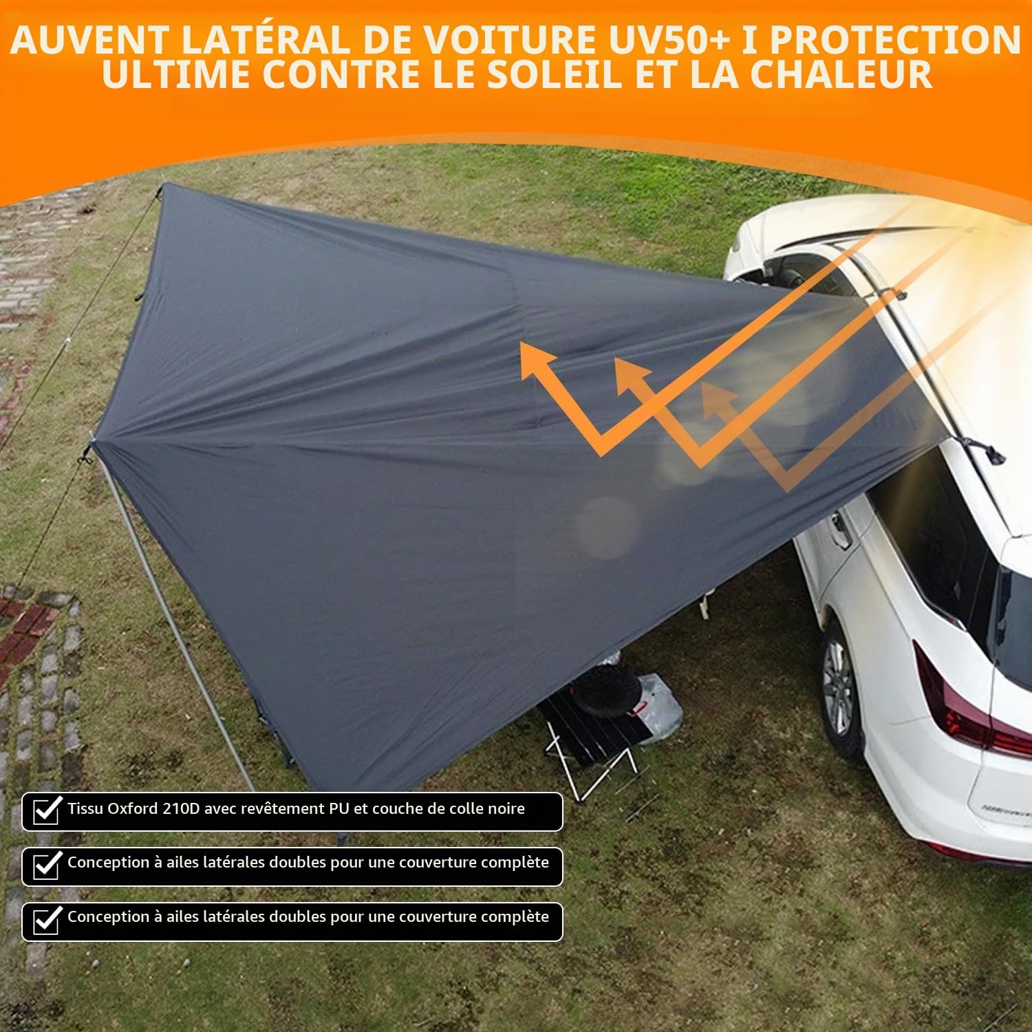 Auvent Universel pour Voiture Voile d'ombrage étanche | camionnettes et camping-cars, montage par passepoil ou ventouse, gris Awning, 380 x 280 cm