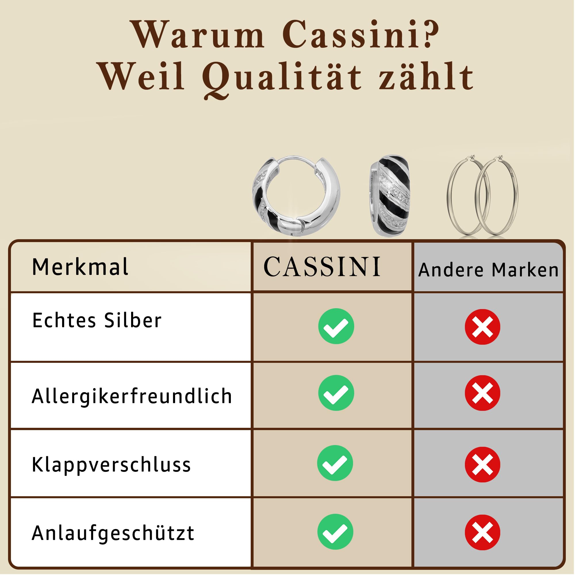 Cassini | Creolen mit Zirkonia-Kristallen, elegante Damenohrringe, breite Creolen mit schwarzen Streifen, ⌀ ca. 20 mm 3CSJ