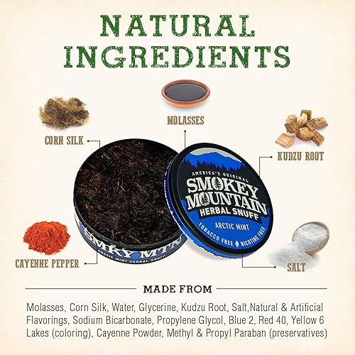 Miniatura 5 de Smokey Mountain Herbal Long Cut – 5 Can Sampler Box - Straight, Classic, Wintergreen, Arctic Mint & Cherry - Tobacco Free and Nicotine Free Snuff