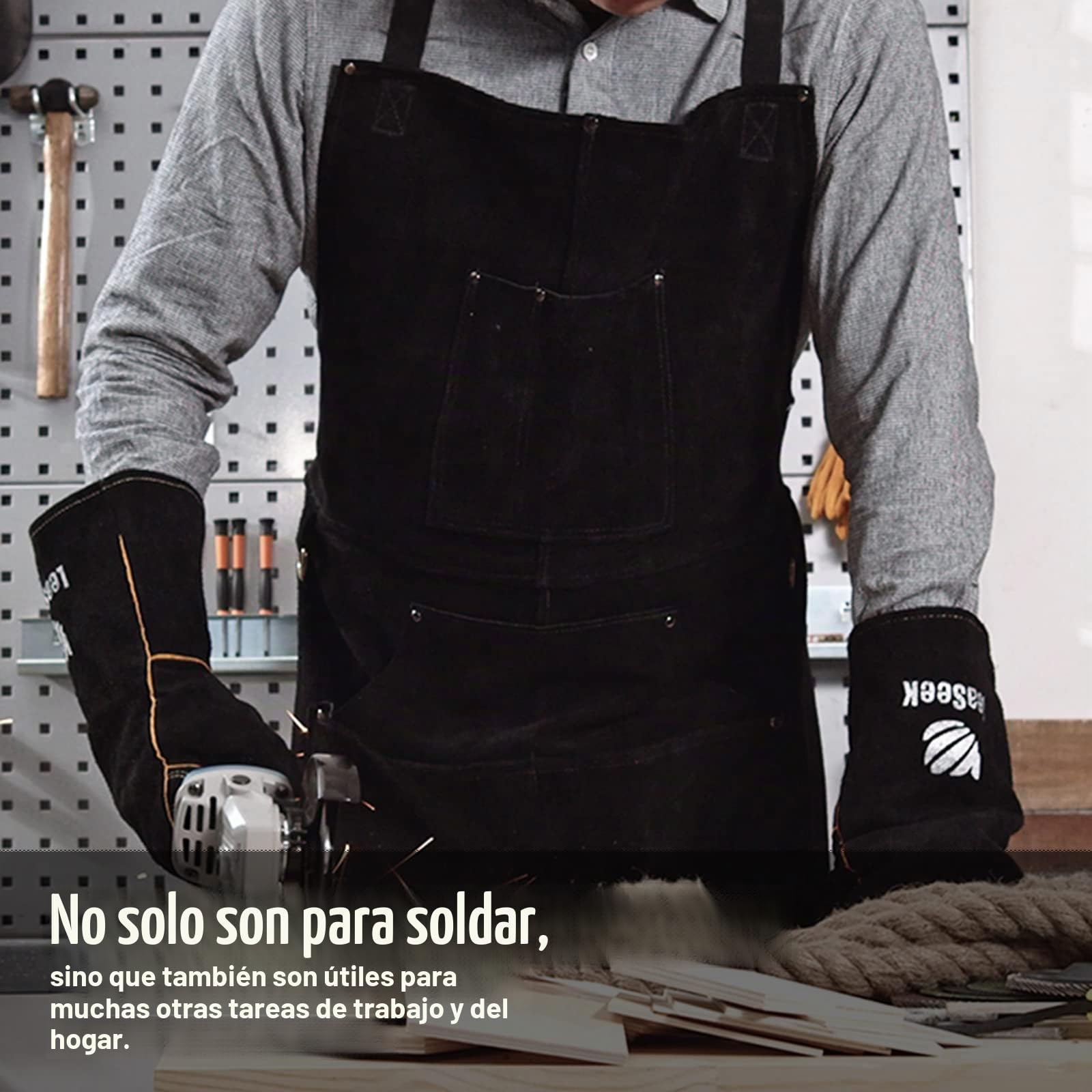 Leaseek Delantal de trabajo de cuero – 6 bolsillos para herramientas para hombres y mujeres – Delantal de soldadura – Ideal para carpintería, herrería, jardineros, mecánicos, barbacoa