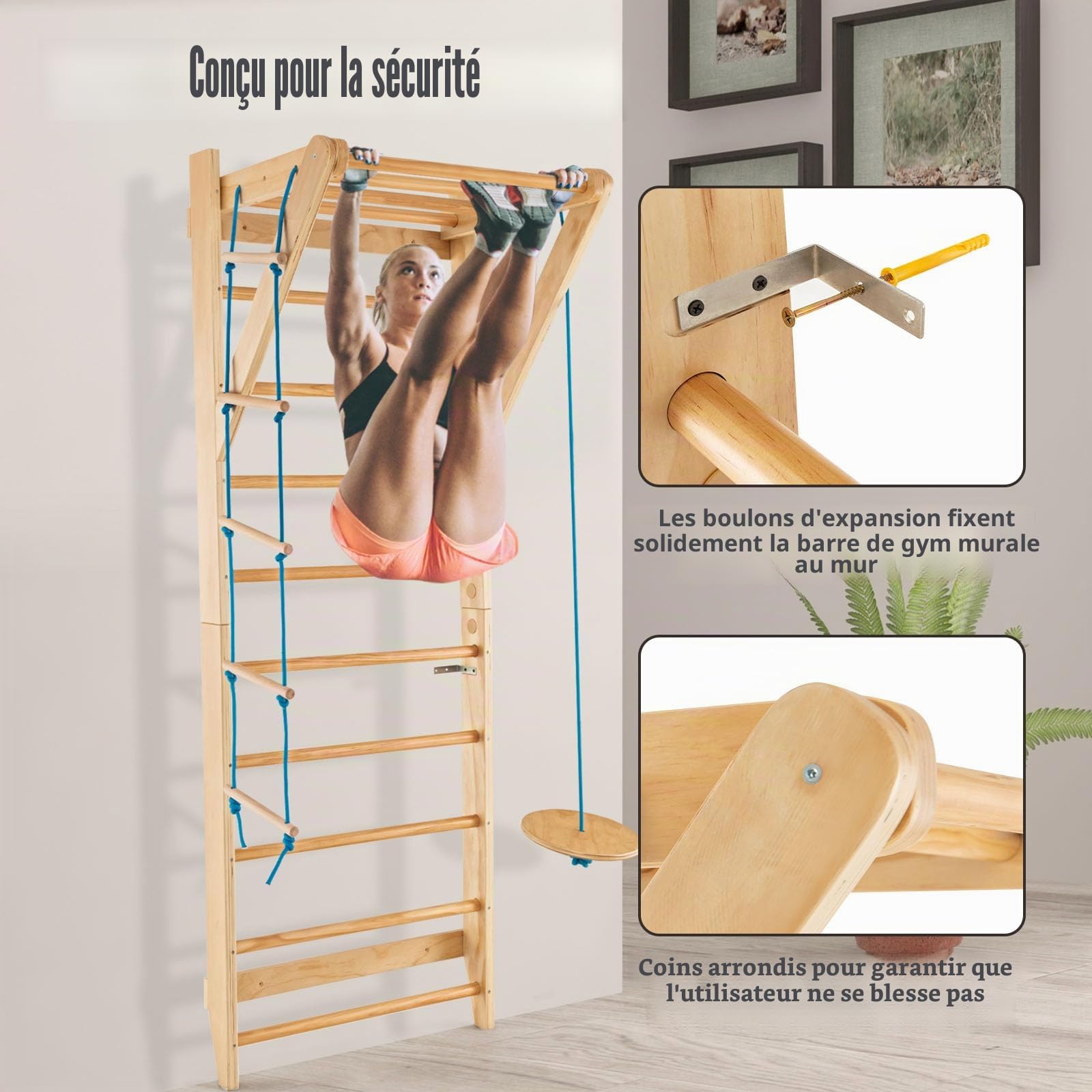 HOMASIS Espalier suédois avec échelle de corde et trapèze rond en bois, espalier de gymnastique échelle d'intérieur pour entraînement, mur d'escalade pour enfants et adultes, charge maximale de 100 kg