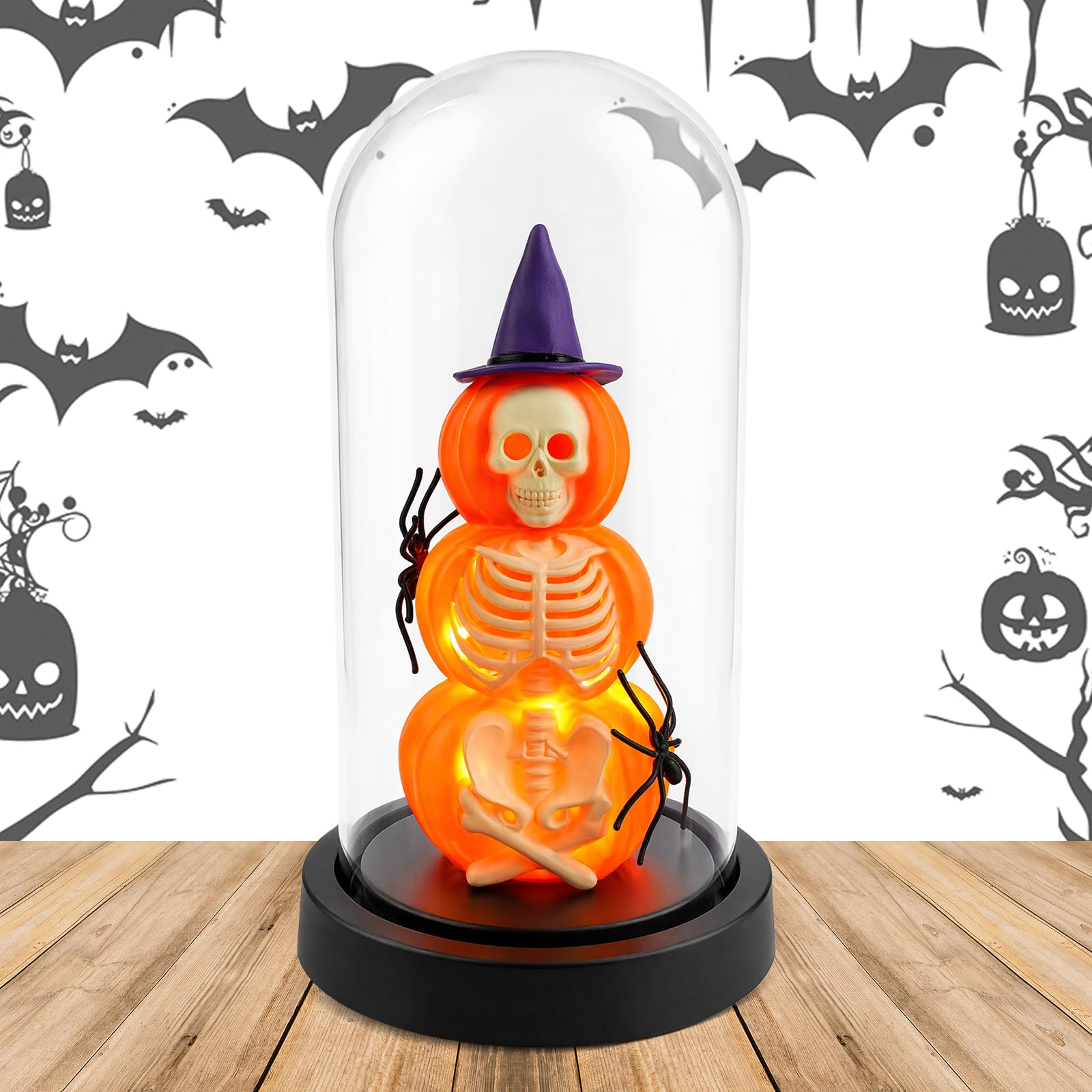 Halloween Pumpkin Skeleton Witch Hat Glass Dome Decor