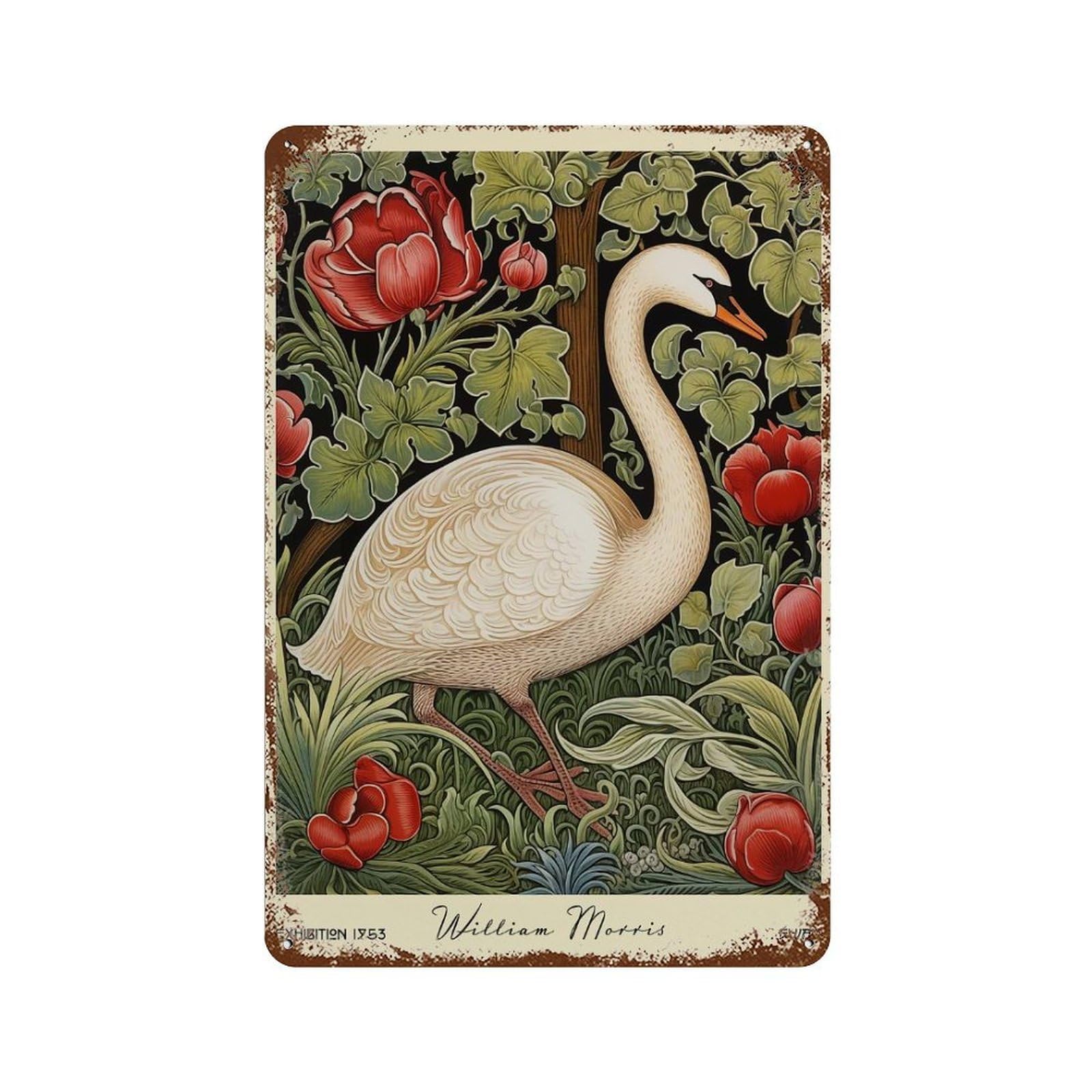 William Morris Swan Floral 11.8"x7.9" Distressed Metal Wall Sign, Shabby Chic Decor for Shed, Workshop And Garage Wall Decor