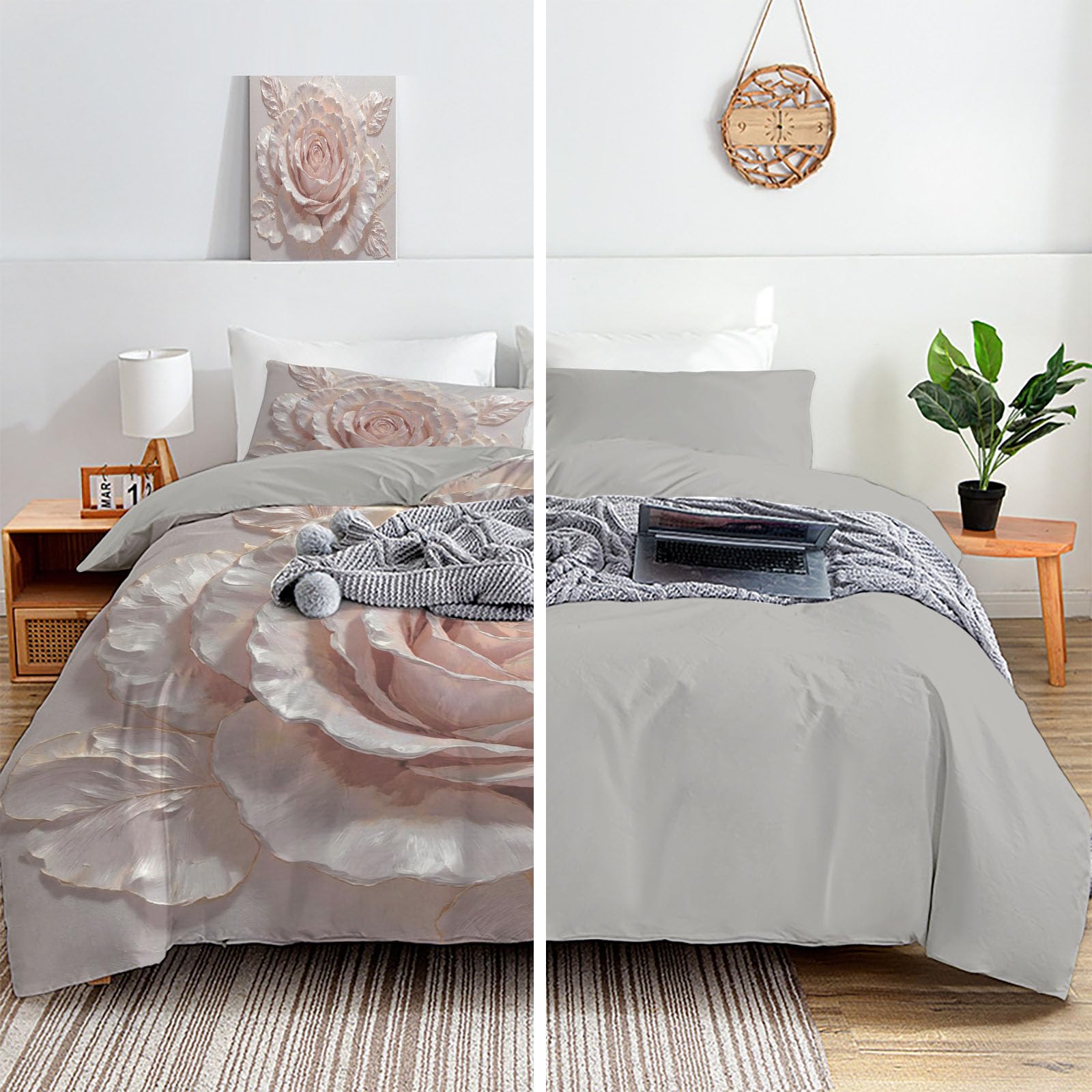 Copripiumino Matrimoniale Fiori Squisiti, Set di Biancheria da Letto Microfibra 3 Pezzi, Parure Copri Piumino 260x240CM e 2 Federa 50x75, Crema Copritrapunta con Cerniera