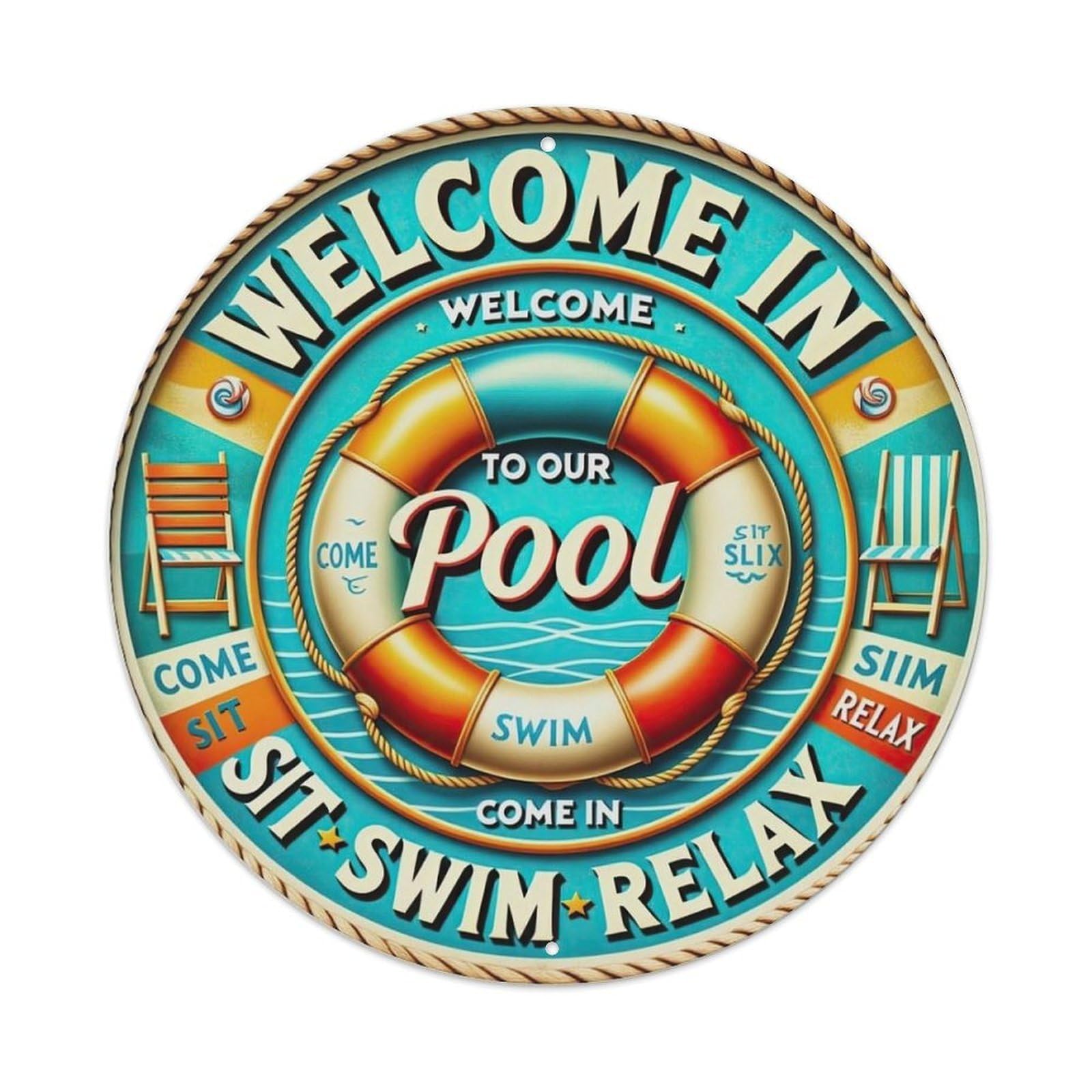 Welcome In Pool Swim Relax Sit Metal Tin Sign