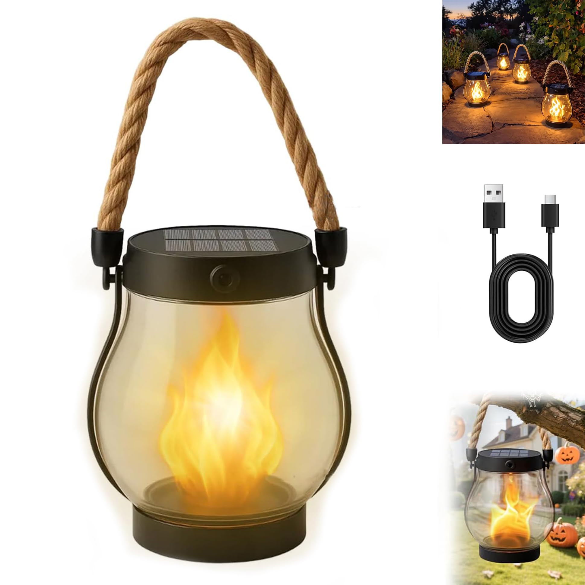 Solar Lantern Outdoor Lights, Dancing Flame Solar Lantern Outdoor Lights, Hemp Rope Flame Lamp, for Camping Pathway Yard Patio Porch Garden Decor, Dual Charging Modes