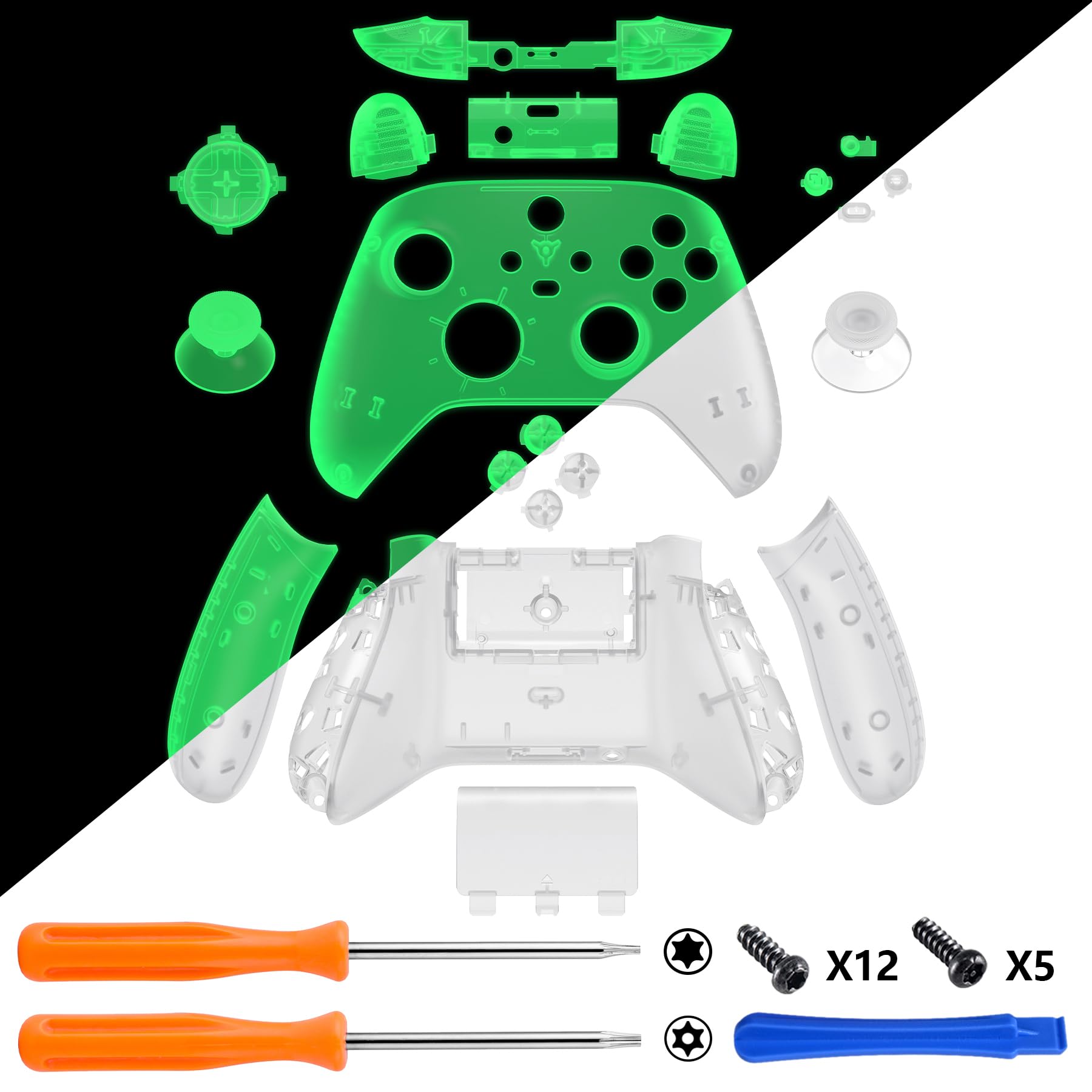 eXtremeRate Case & Buttons für Xbox Core Controller, DIY-Ersatz Front Hülle/Backplate/Tasten/Joysticks Set, Custom Full Gehäuse Skin Cover Zubehör für Xbox Series X/S Controller-Glow in Dark Grün