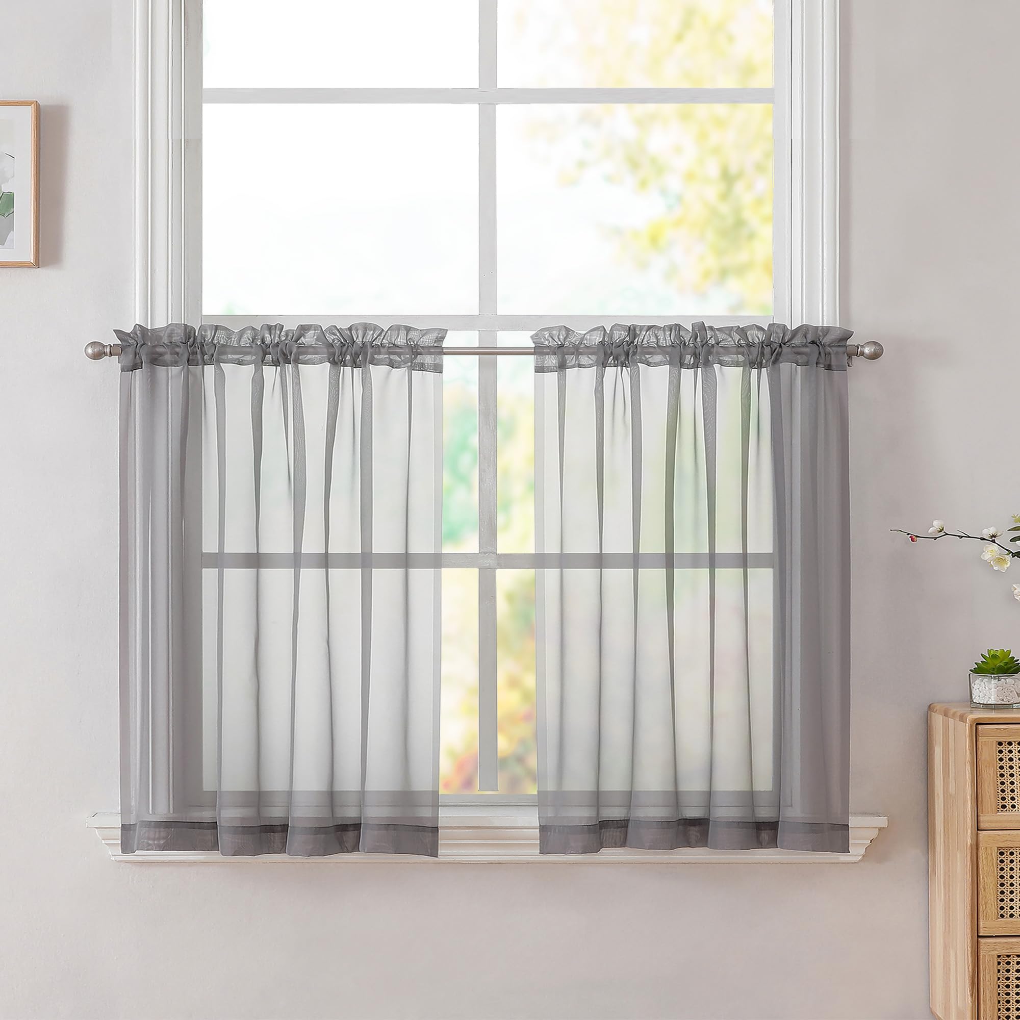 Simplebrand Grey Short Sheer Cafe Tier Curtains 24 Inch Length 2 Panels