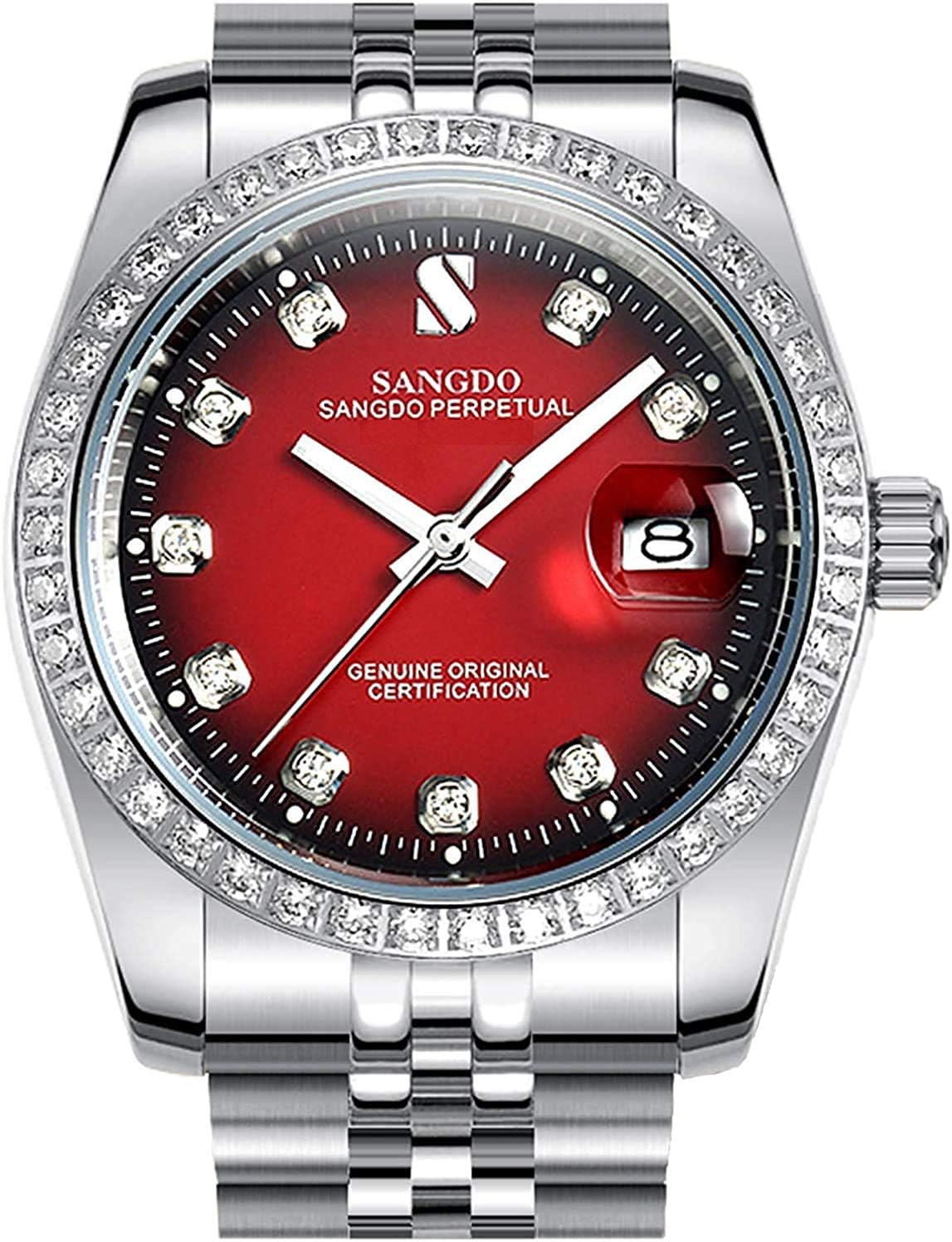 Carlien Men Diamond-Accented Bezel Red Dial Silver Band Automatic Mechanical Watch
