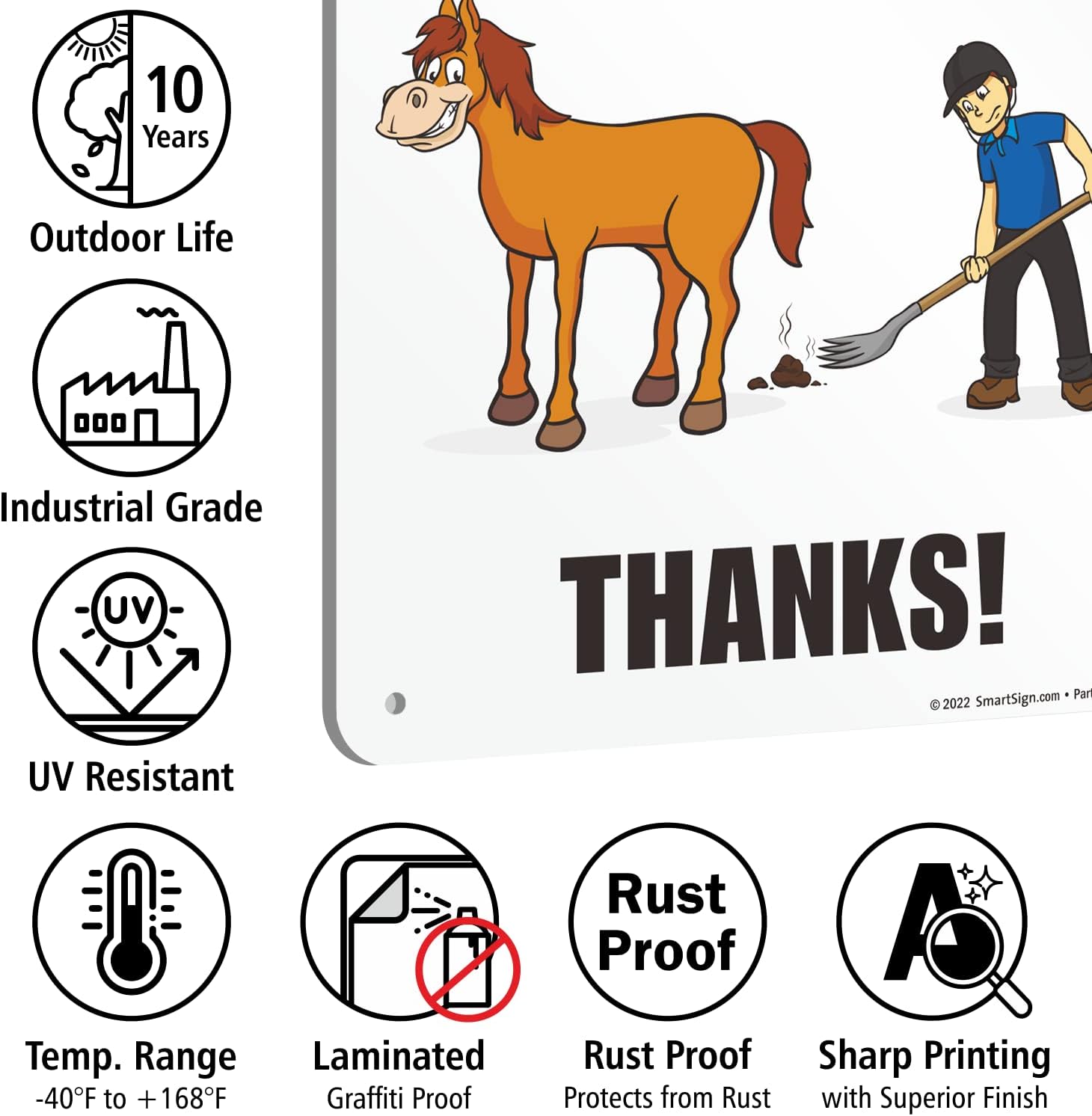 SmartSign 18 x 12 inch “Please Clean Up - Thanks” Horse Poop Metal Sign with Horse Graphic, 63 mil Laminated Rustproof Aluminum, Multicolor, Made in USA