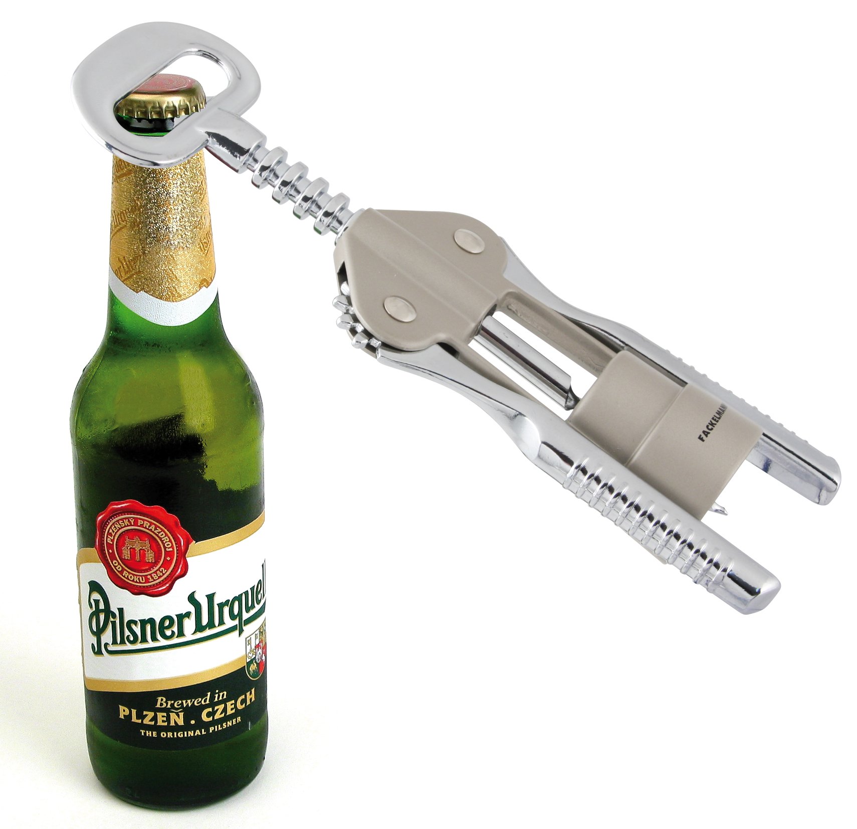 FACKELMANN Wein-/Proseccoöffner, 49456 Korkenzieher für Kunststoffkorken, Kellnermesser mit Kapselheber (Farbe: Silber/Beige), Menge: 1 Stück