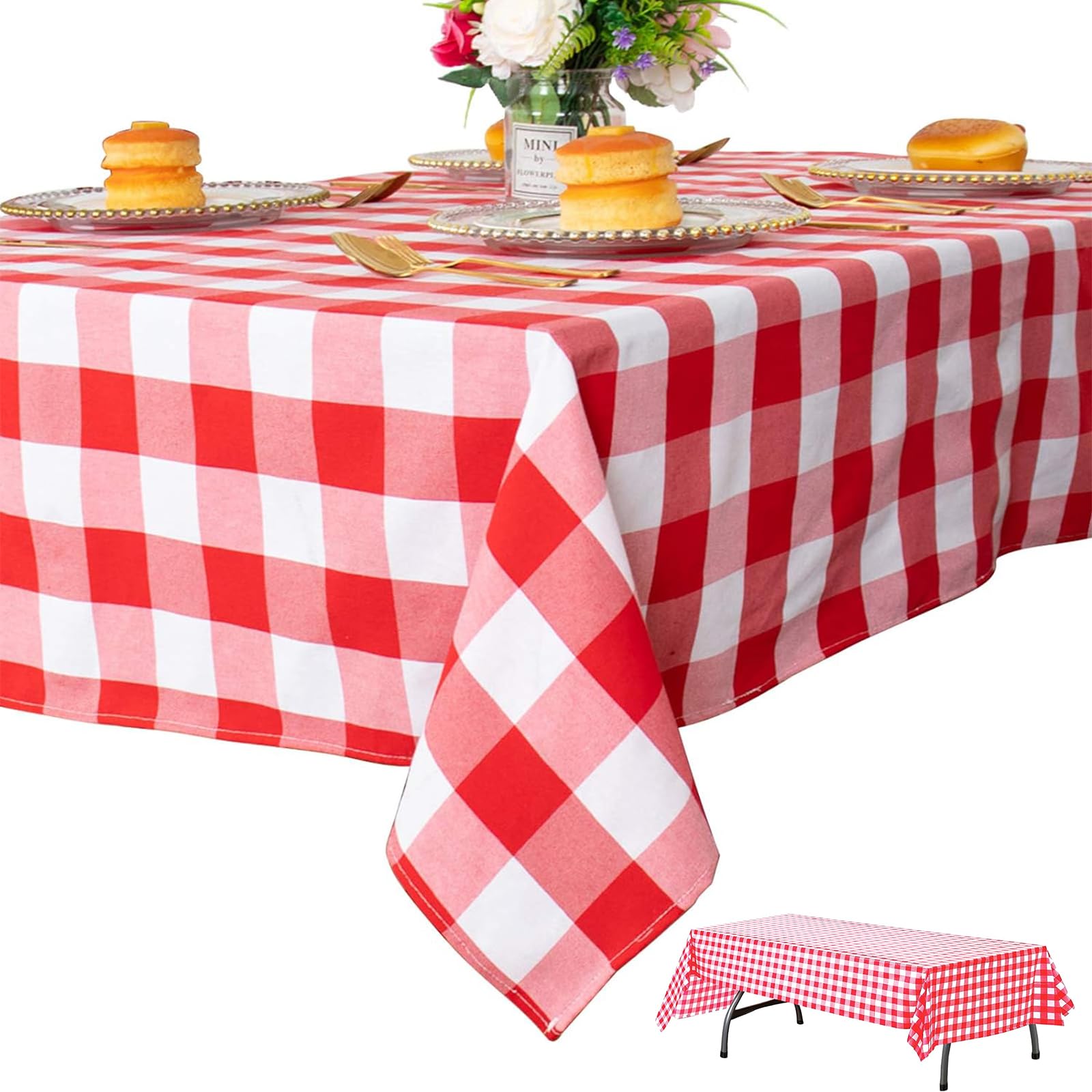 2 Pack Plastic Tablecloths 137x274cm, Disposable Checkered Rectangle Tablecloth, Waterproof and Spillproof Party Table Covers Wipe Clean for Party Supplies(Red Gingham)