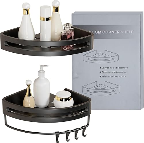 Estantes de ducha, paquete de 2, con 4 ganchos y 1 toallero, organizadores de ducha sin perforación, estante de ducha esquinero de aluminio para