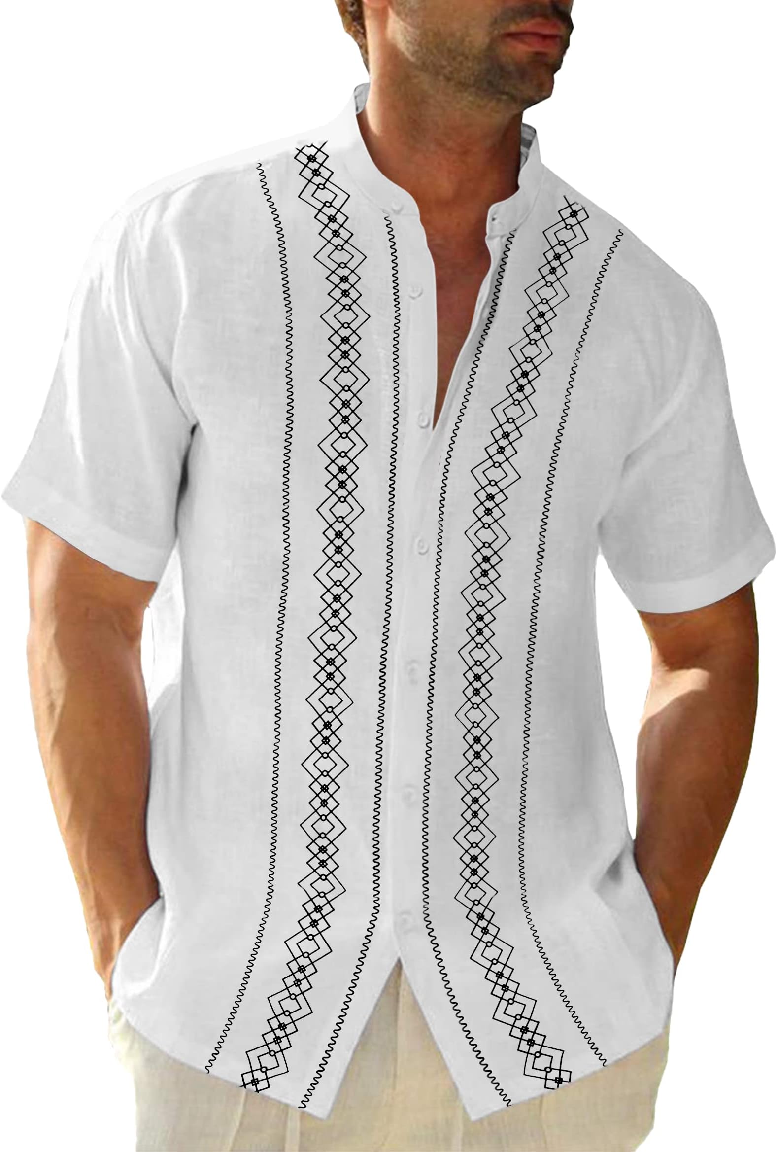 Cuban Guayabera Shirts for Men Short Sleeve Casual Button Down Shirt Band Collar Beach Camp Mexican Shirt