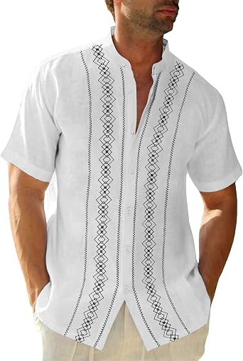 Cuban Guayabera Shirts for Men Short Sleeve Casual Button Down Shirt Band Collar Beach Camp Mexican Shirt
