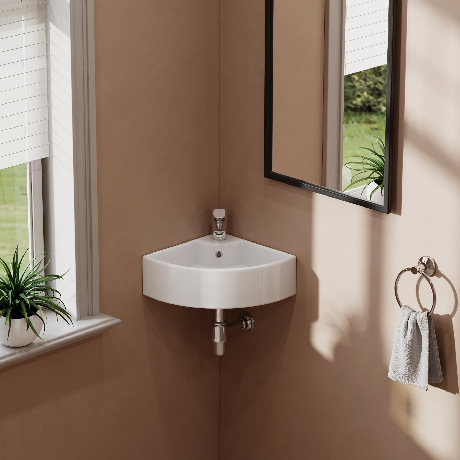 Lavabo esquinero pequeño de cerámica, 460 x 330 mm, blanco, pequeño lavabo para invitados y baños pequeños, montaje en pared o sobre encimera con orificio para grifo y rebosadero, diseño moderno de