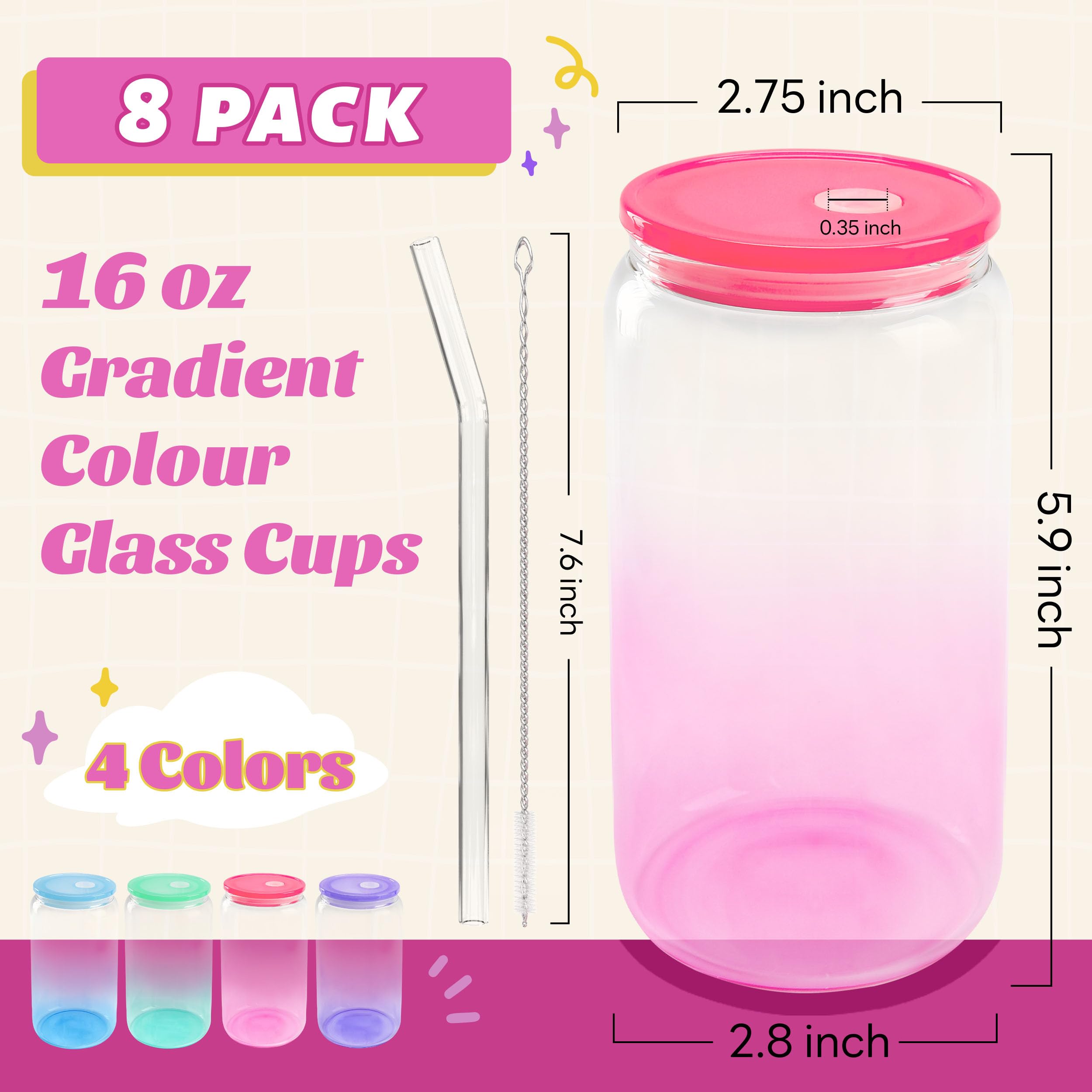 Joyclub Juego de 8 vasos de vidrio de 473 ml con tapas acrílicas y popotes, 8 tazas de café helado con forma de lata, vasos degradados, bonitos vasos ideales para batidos, refrescos, té, cóctel,