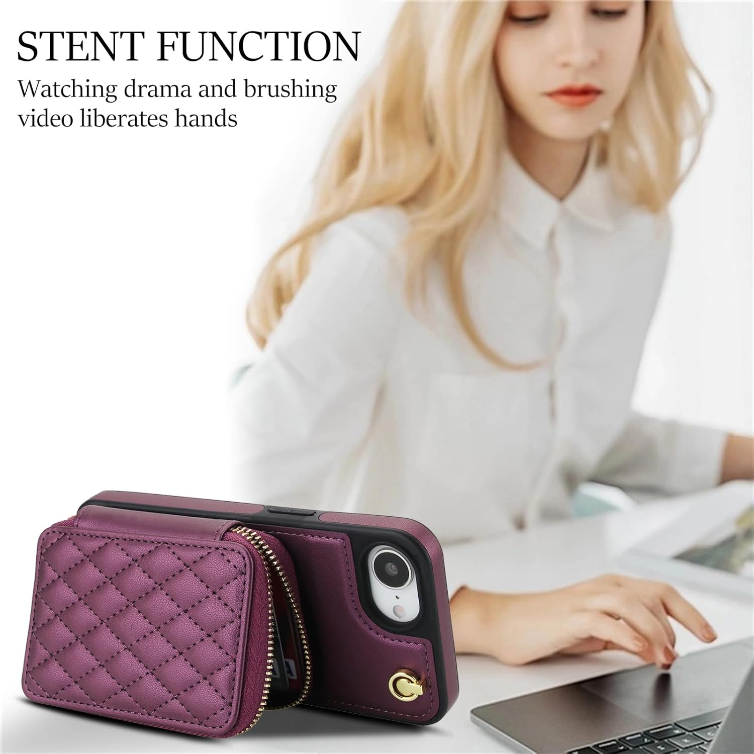 Wefor Compatible with iPhone 16e Wallet Case Crossbody for Women, Zipper Phone Case with RFID Blocking Card Holder Wrist Strap Purse (Dark Purple)