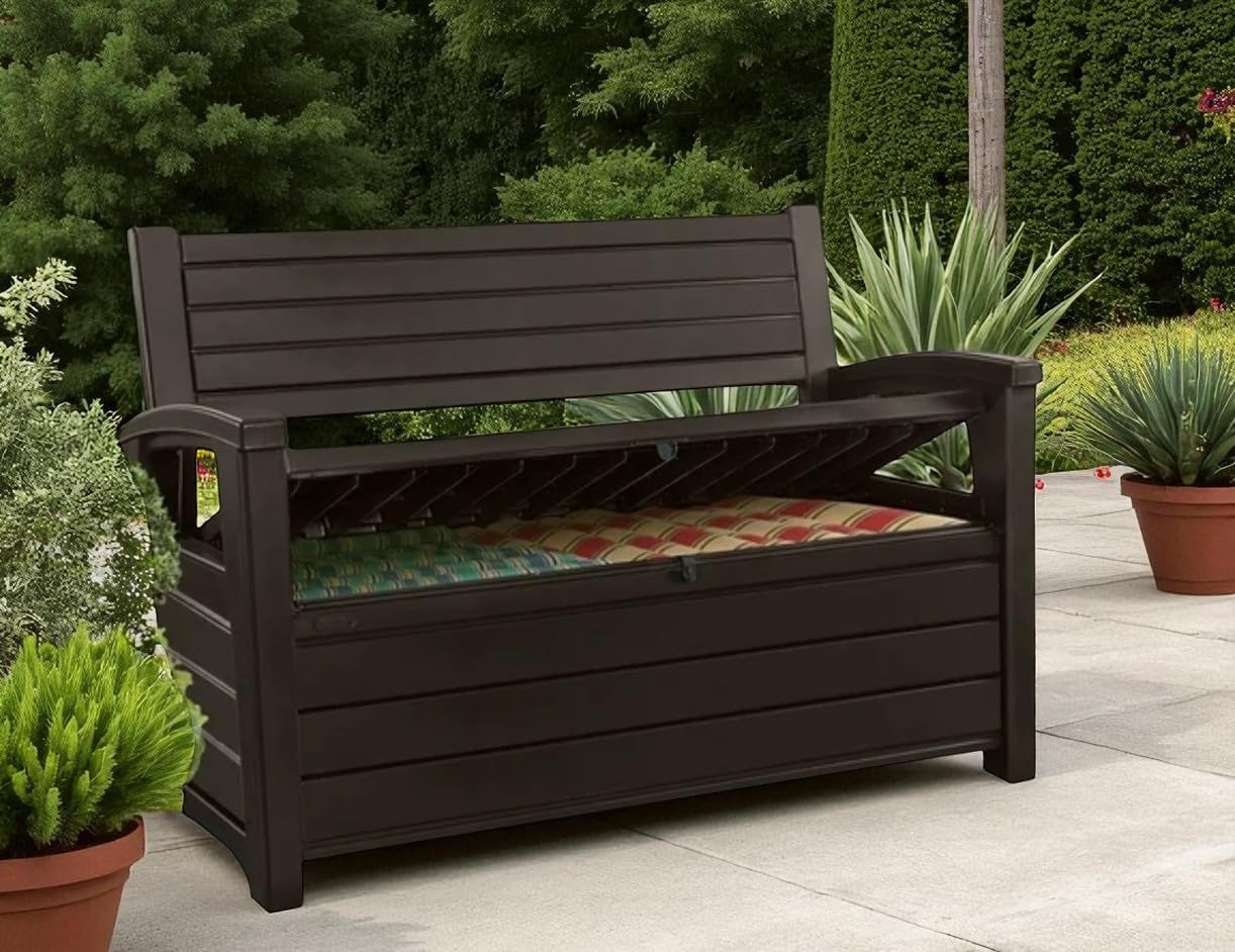 60 Gallon Outdoor Storage Bench – Deck Box with Built-in Seating – Weatherproof Resin Construction for Patio, Backyard, Garden (Non-Brushed Brown)