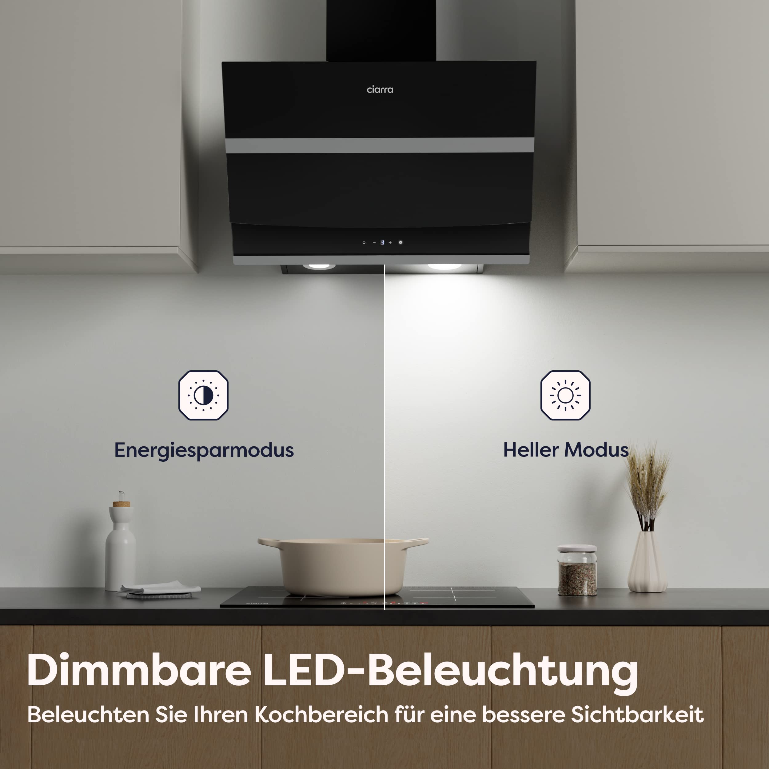 Ciarra CBCB6736N Kopffreie Schräghaube Dunstabzugshaube 60 cm 650 m³/h Touch Control Dimmbar LED-Beleuchtung – Bild 2