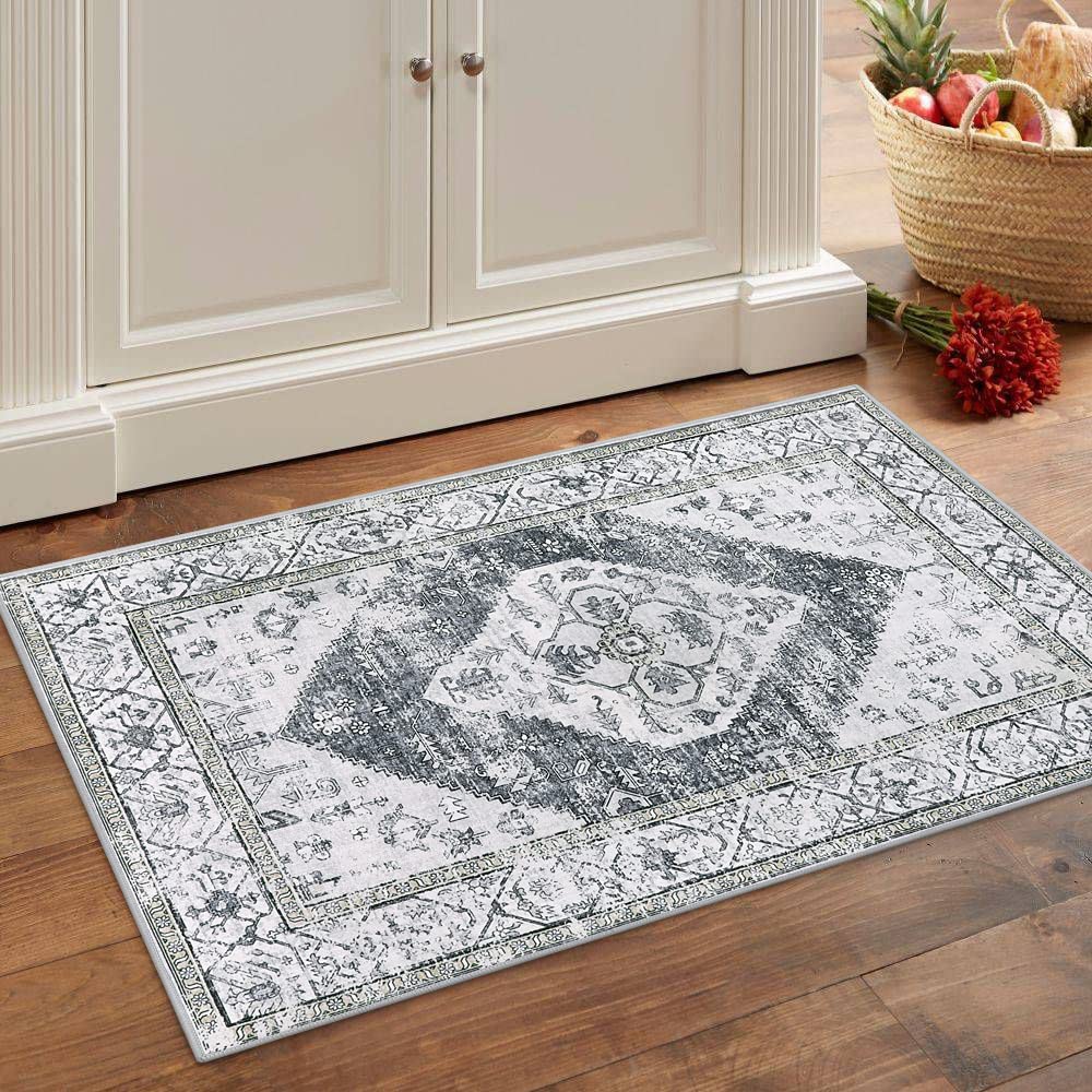 Lahome Boho Washable Rugs for Entryway - 2x3 Small Non-Slip Kitchen Rug Throw Lightweight Area Rugs for Bedroom Grey Print Oriental Distressed Bathroom Mat Floor Doormat Carpet for Laundry L